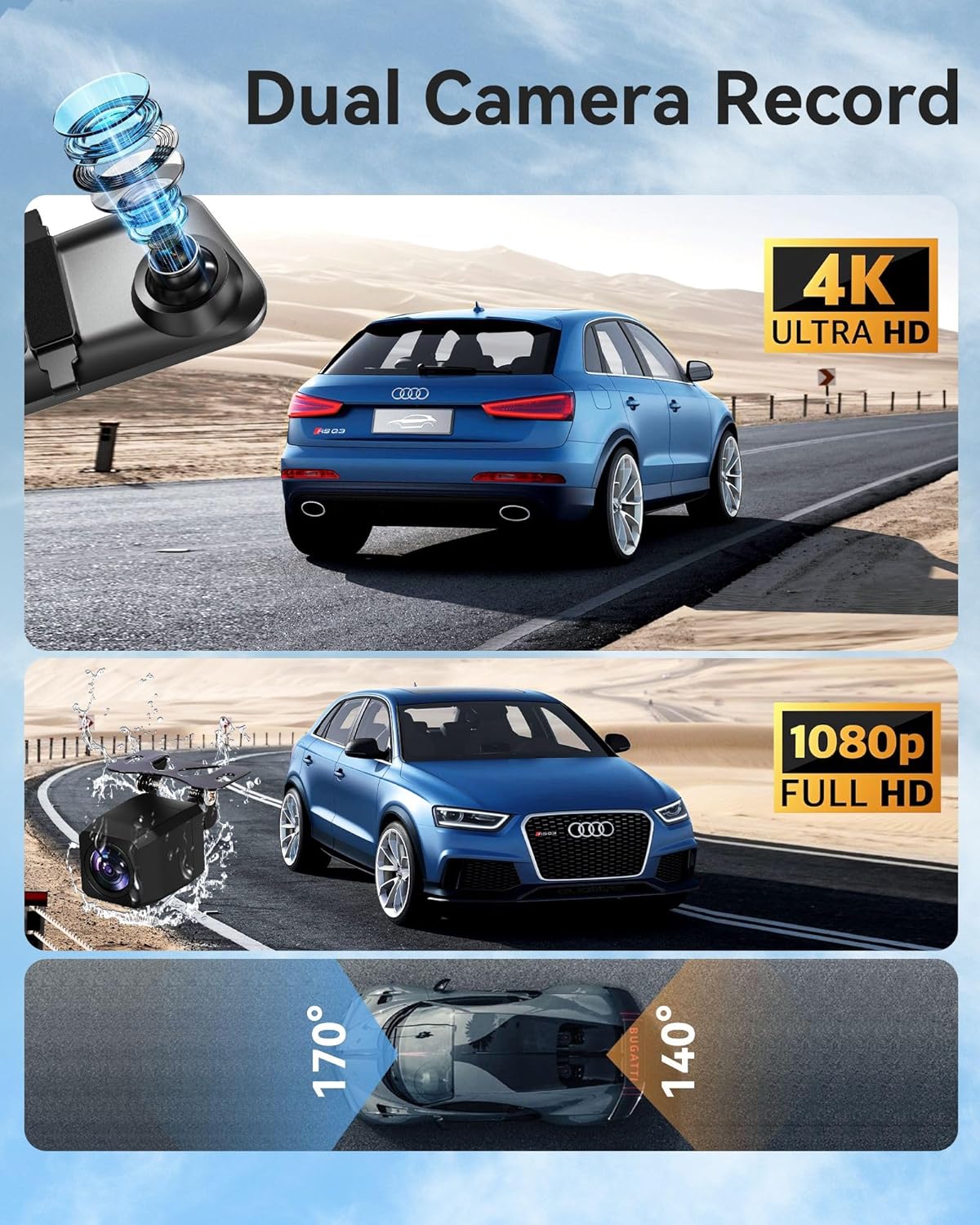 12'' Rearview Mirror Camera with CarPlay&Andorid Auto,4K Mirror Dash Cam Front and Rear Backup Camera with Reverse Assist/Loop Record/G Sensor/Voice Control&Split Touch Screen,64GB Card Included