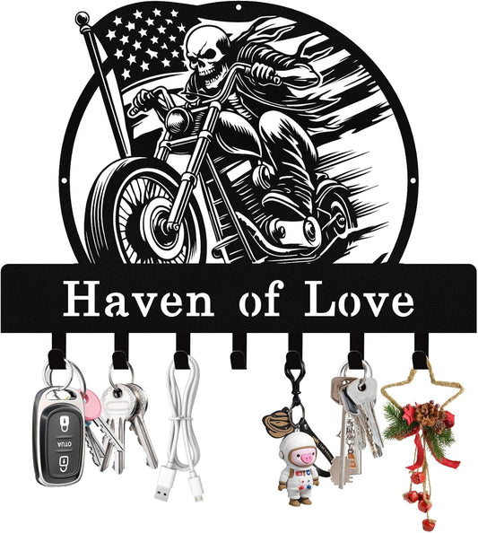 Personalized Skull Motocycle Key Holder Wall Mount, Custom Metal Key Rack Key Holder with Name, Deer Cabin Wall Keys Hanger with Hooks for Entryway, Front Door, Hallway, Kitchen, Living Room