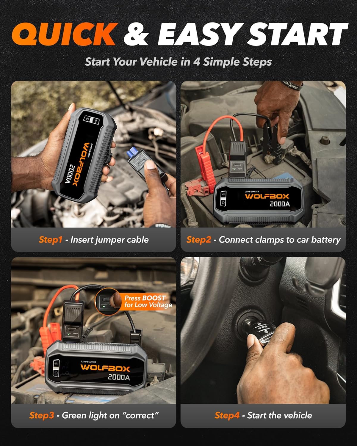 WOLFBOX 2000A Jump Starter, 12000mAh Battery Jumper Starter Portable with LED Display, 12V Car Battery Jump Starter Pack (7L Gas 6L Diesel Engine) with Booster, LED Light, Jumper Cables (NO Adapter)