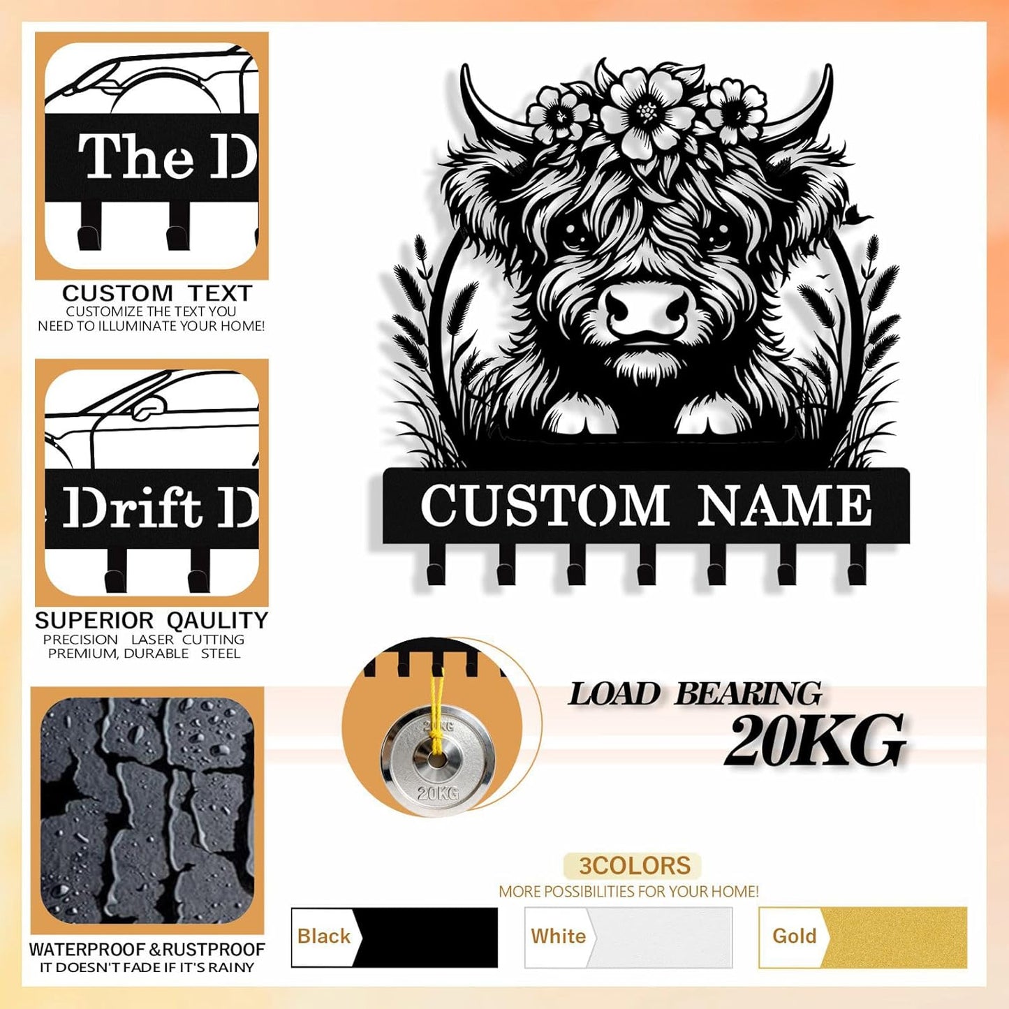 Personalized Highland Cow Key Holder Wall Mount, Custom Metal Key Rack Key Holder with Name, Deer Cabin Wall Keys Hanger with Hooks for Entryway, Front Door, Hallway, Kitchen, Living Room