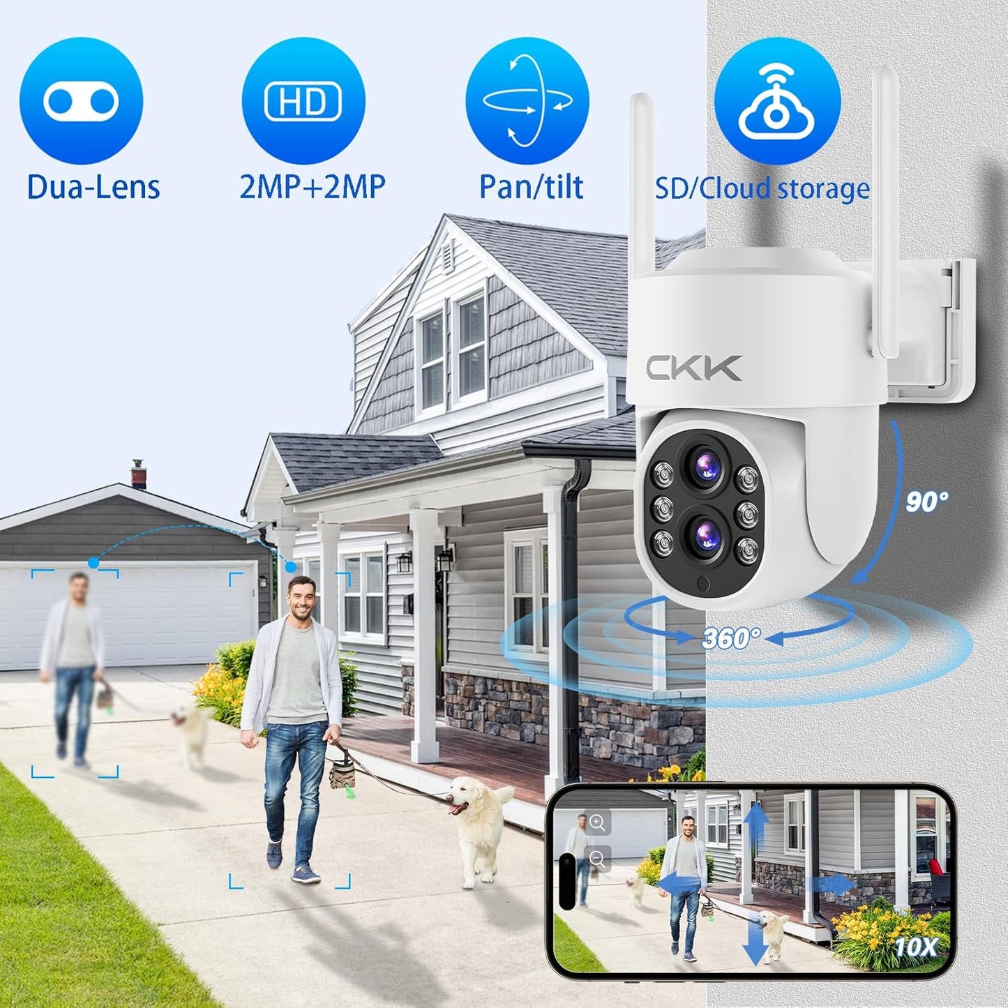 CKK 【Dual Wi-Fi, Dual Lens】 Wireless Security Camera System, 4PCS Outdoor Dual Lens PTZ Cameras Plug & Play for 24/7 Recording, AI Motion Detection/Color Night Vision, 2.4G/5G WiFi, and 1TB HDD.