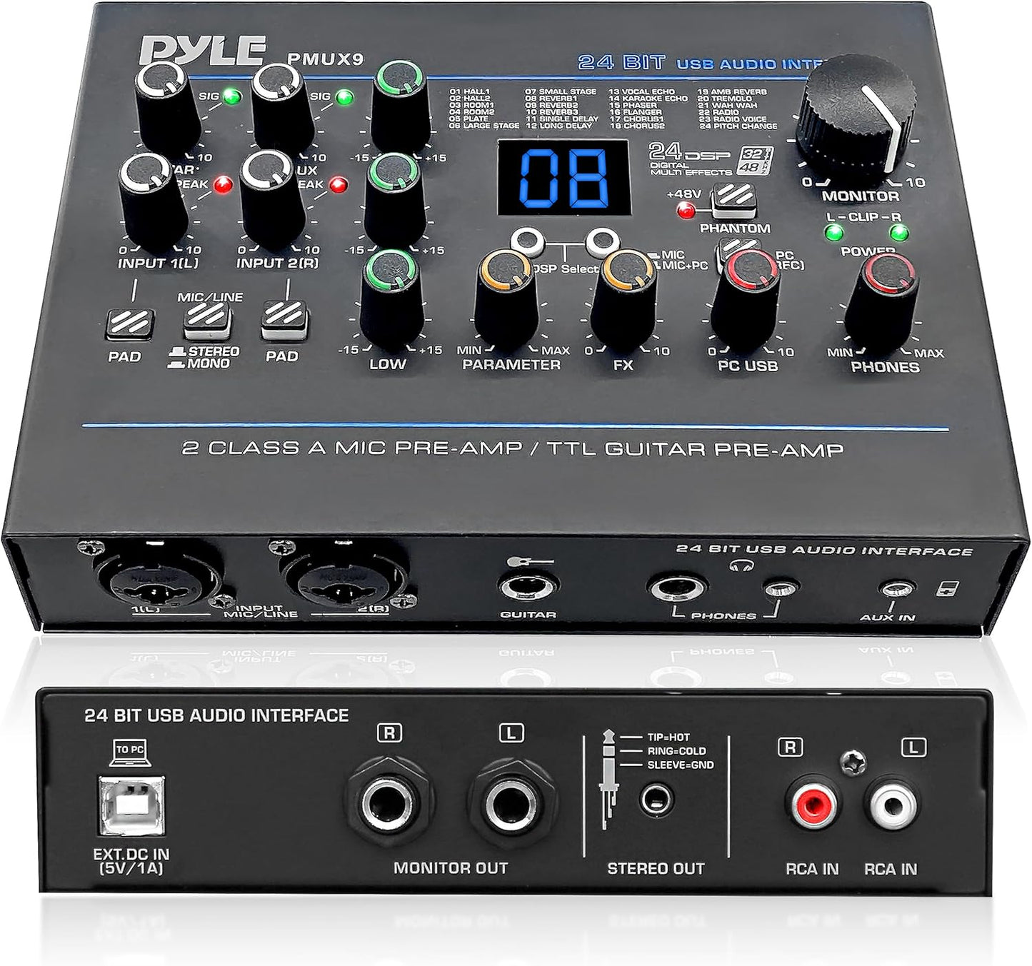 Pyle USB Audio Interface - MIC/LINE - Guitar - AUX Stereo & RCA Inputs - Preset 24 Digital Effects - Phantom Power - Phone/Stereo/Monitor/Headphone Outputs - For Computer Playing & Recording - PMUX9