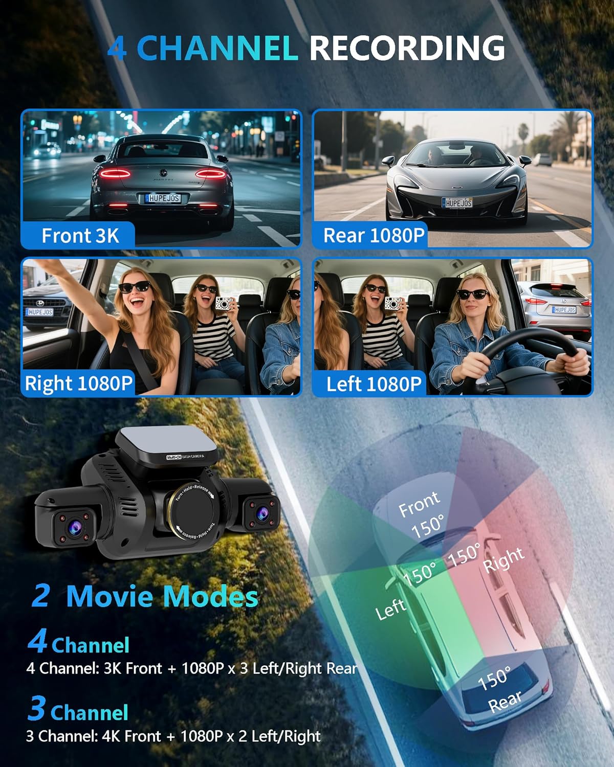Dash Cam 4 Channel Front and Rear Inside, 360° Car Camera 4K UHD, Dash Camera for Cars Built-in Wi-Fi GPS, Dashcam with 64GB Card, Voice Control, CPL Filter, WDR Night Vision, 24H Parking Mode(V8PLUS)