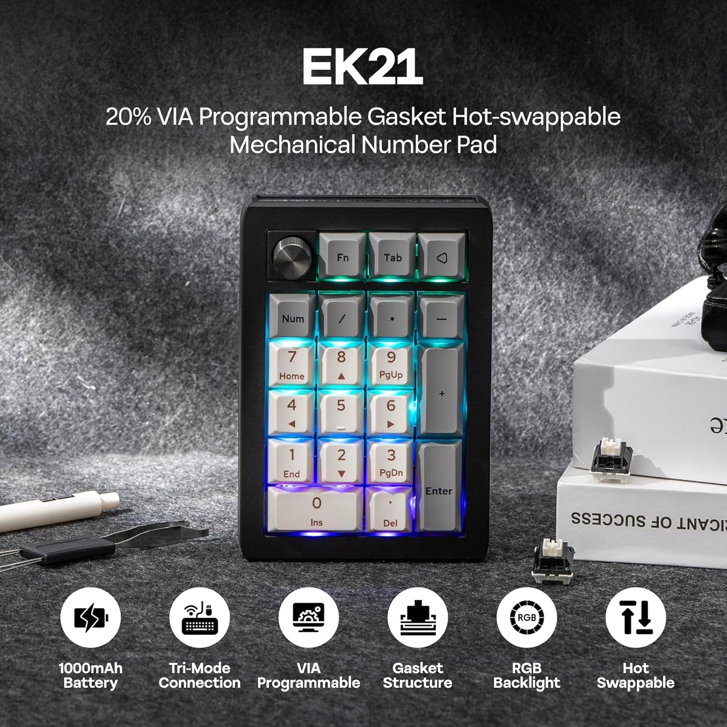 EPOMAKER EK21 VIA Gasket Number Pad with 1000mAh Battery, BT 5.0/2.4GHz/Wired Hot-Swap Numpad with Aluminum Alloy knob, Programmable for Win/Mac/Gaming (Black Silver, Wisteria V2 Switch)