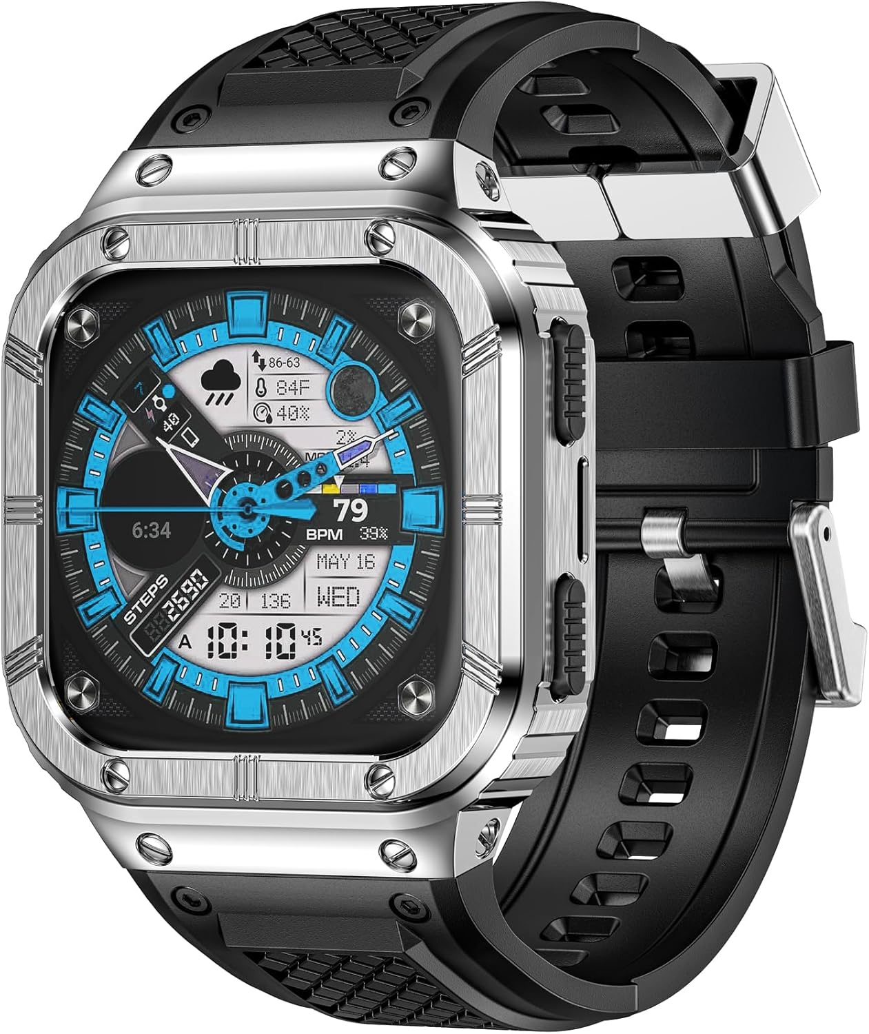 MioHHR Stainless Steel Case and Band Compatible with Fitbit Versa 4/3/2/Lite/Sense/Sense 2 Bands with Metal Case, Rugged Sports Protector Cover Silicone Wristbands for Men, Silver