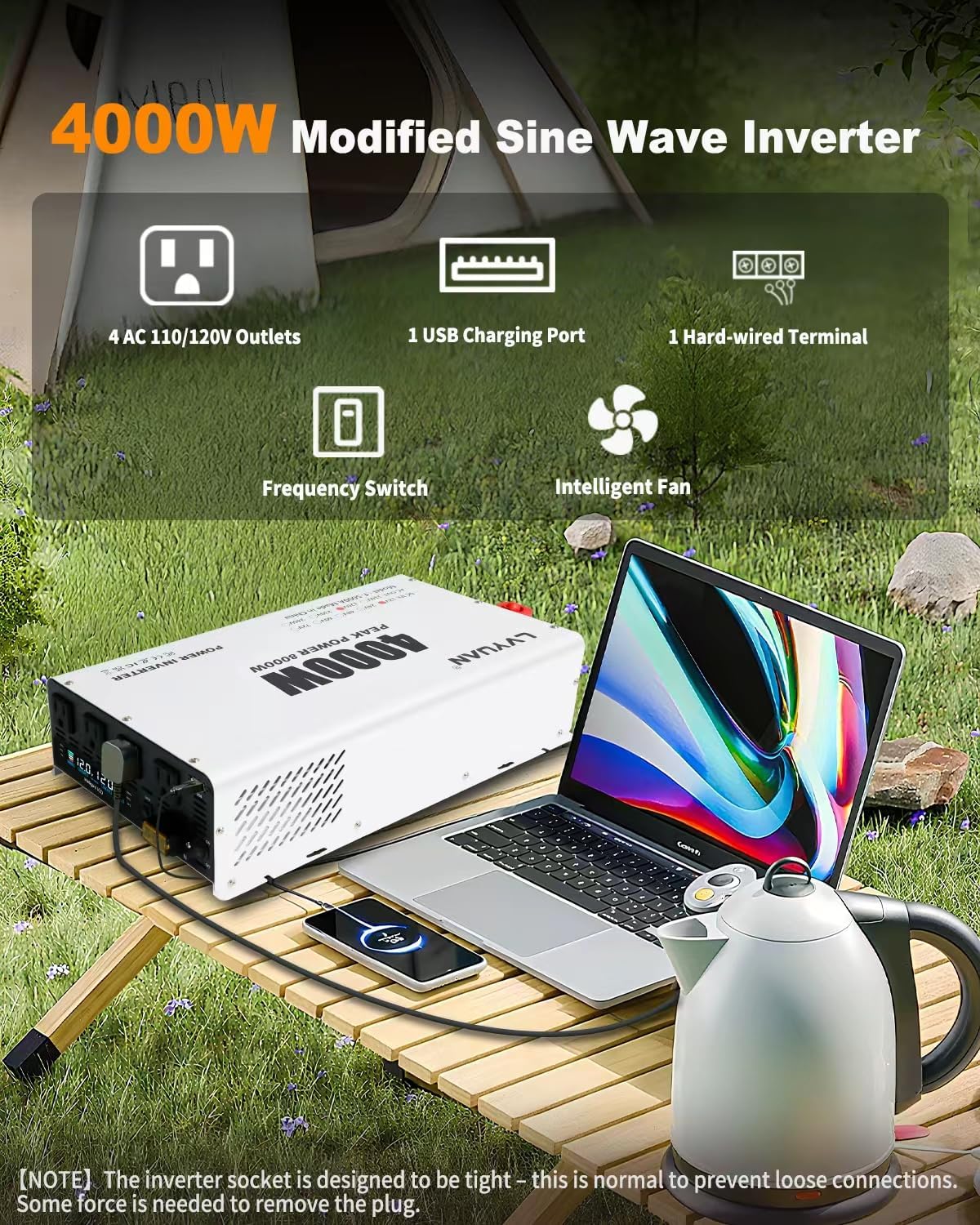 LVYUAN 4000 Watt Power Inverter 12V to 110V 120V DC to AC Converter with 4 AC Outlets, LCD Display, USB Charge Port, Remote Control for Home RV Vehicle Outdoor Camping Car Power Inverter