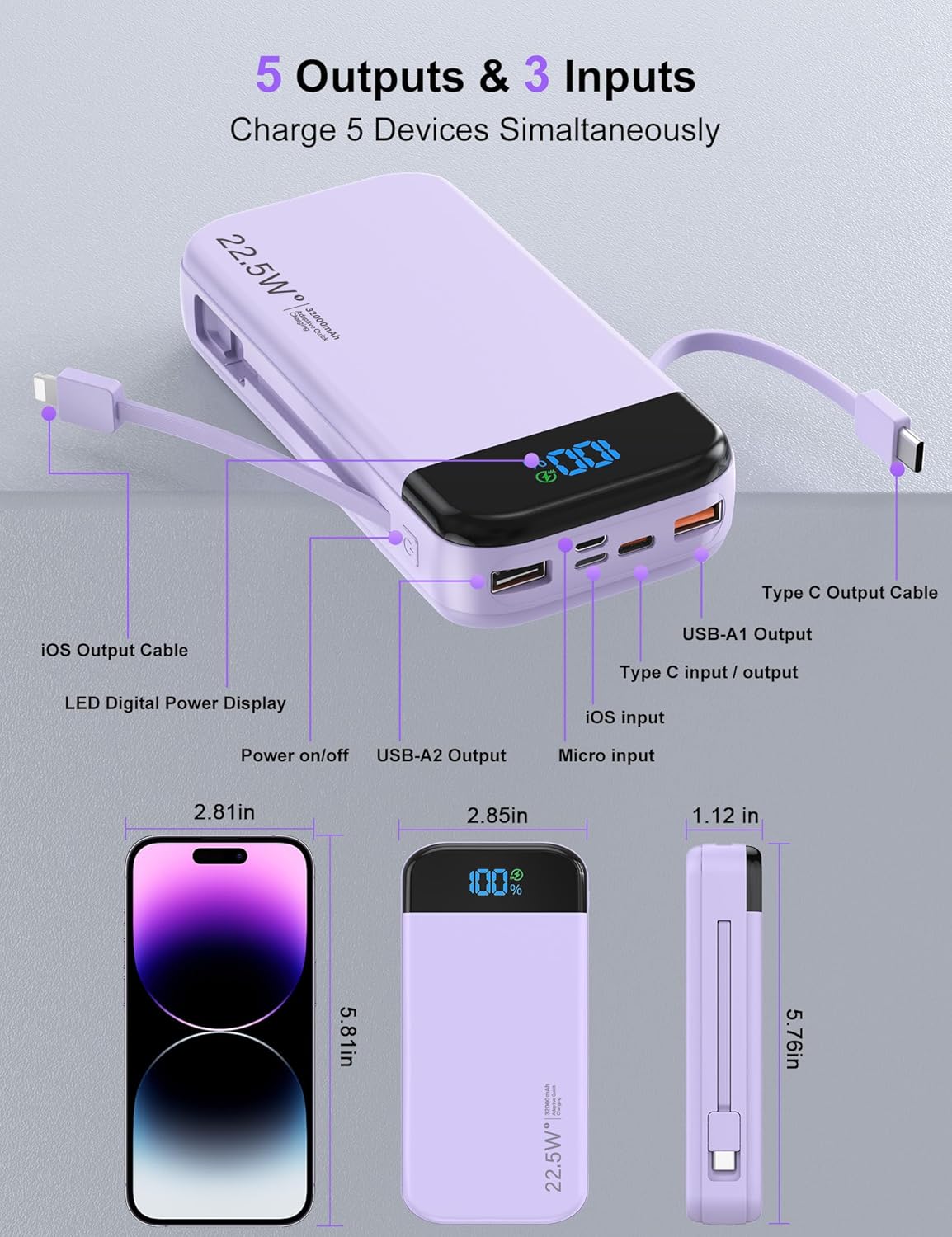 Portable Charger Power Bank 32000mAh with Built in Cables, PD3.0 USB C Fast Phone Charger, 5 Outputs LCD Display Travel Battery Pack Compatible with iPhone, Samsung All Cell Phones (Purple)