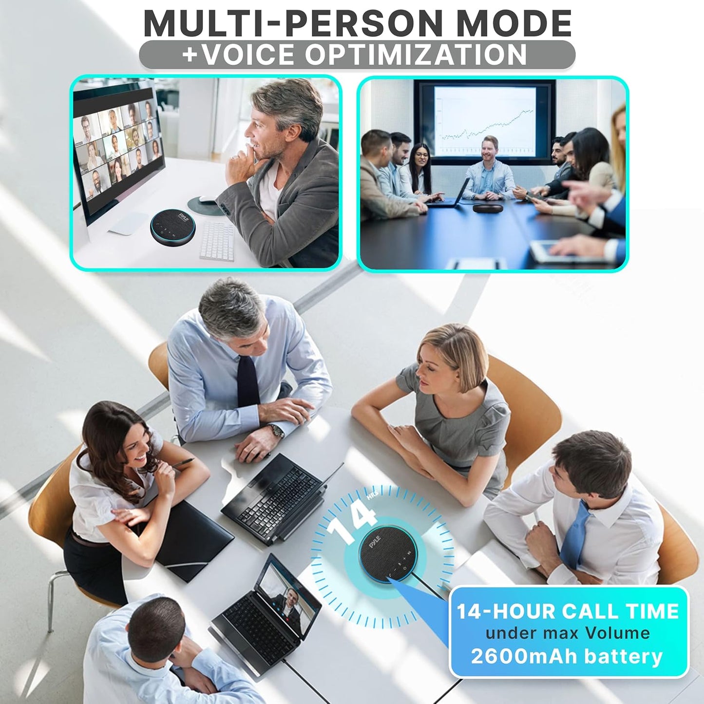 Pyle Portable Conference Speakerphone, Multifunctional Wireless BT Speaker Phone with USB C and Aux Cable, 10m Omnidirectional Microphone Coverage, Ideal for Home and Office Use