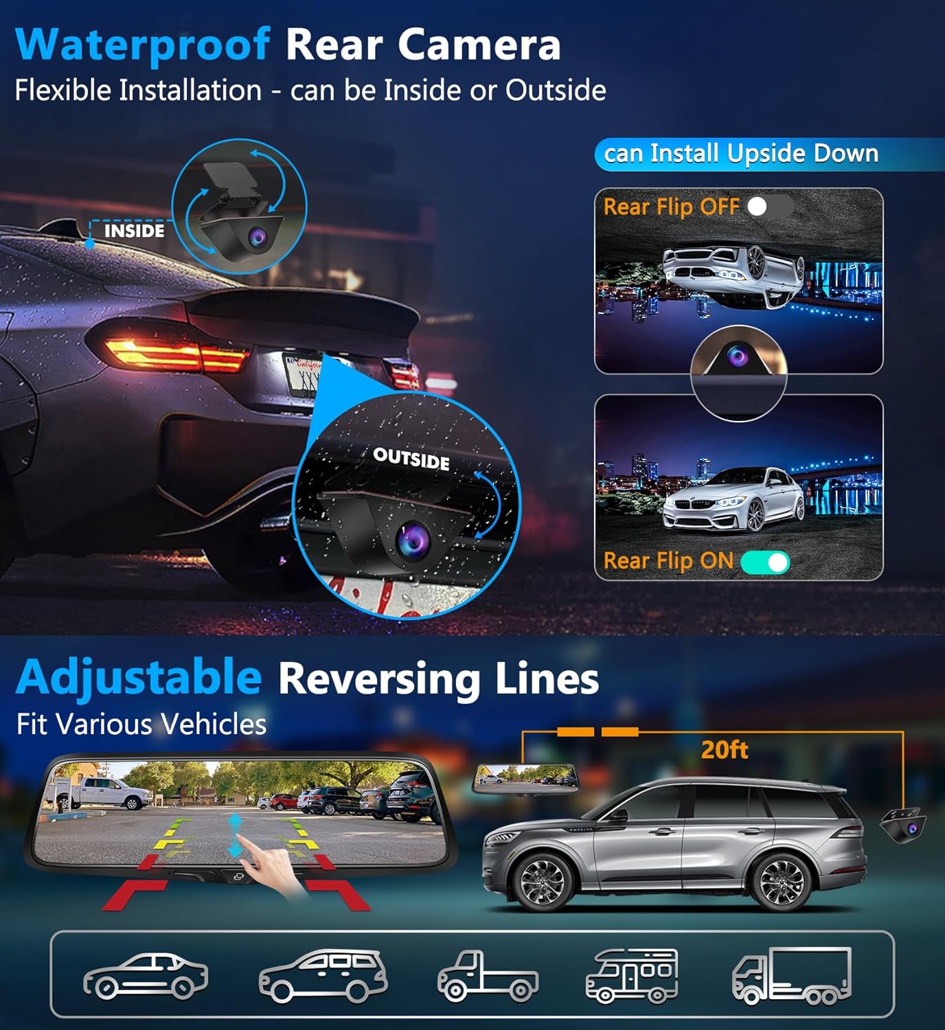 PORMIDO OEM 2K Rear View Mirror Camera,10" Mirror Dash Cam with Detached Front Backup Camera, Smart Full Touchscreen Rearview WDR Dashcam with Built-in GPS,64GB Card,Parking Monitor,Night Vision