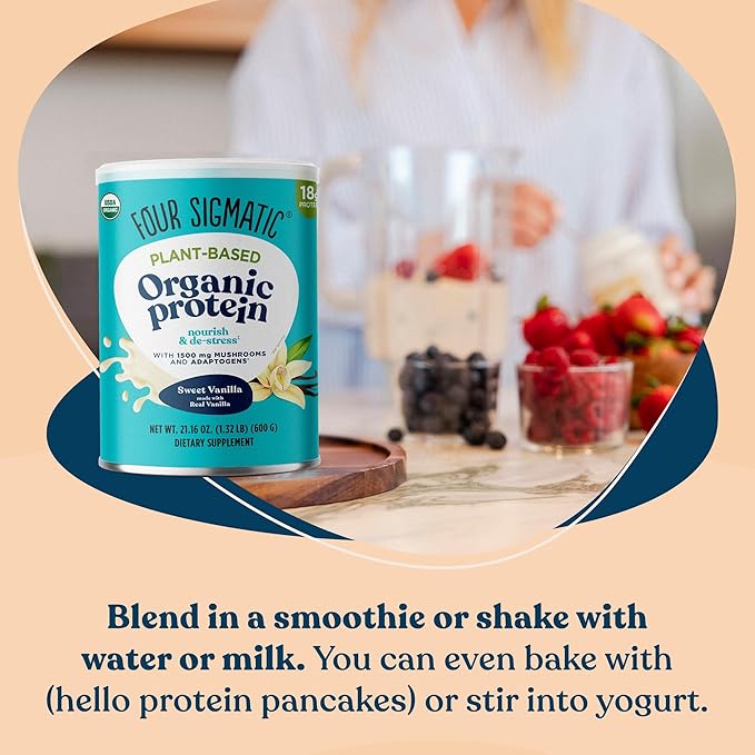 Four Sigmatic Organic Vegan Protein Powder | 18g Plant-Based Protein per Serving | Gluten Free, Dairy Free, Soy Free, Non-GMO with No Filler Ingredients | 21.16oz, 15 Servings | Sweet Vanilla