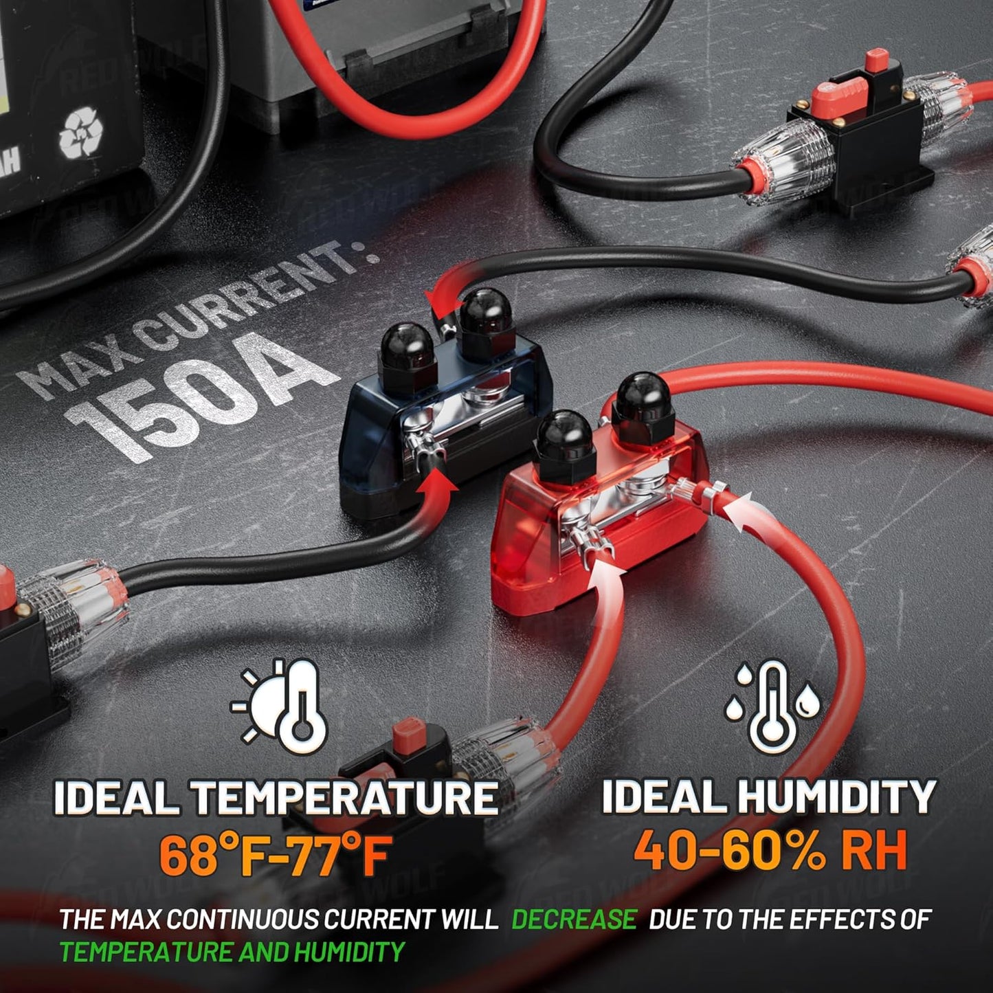 RED WOLF 2PCs 3/8" M10 Small Dual Stud Bus Bar 12-48 V Power Distribution Block Holder 150A DC MAX, Battery Terminal Junction Dual Power Stud Busbar for Car Marine Boat Red & Black Set w/Screws