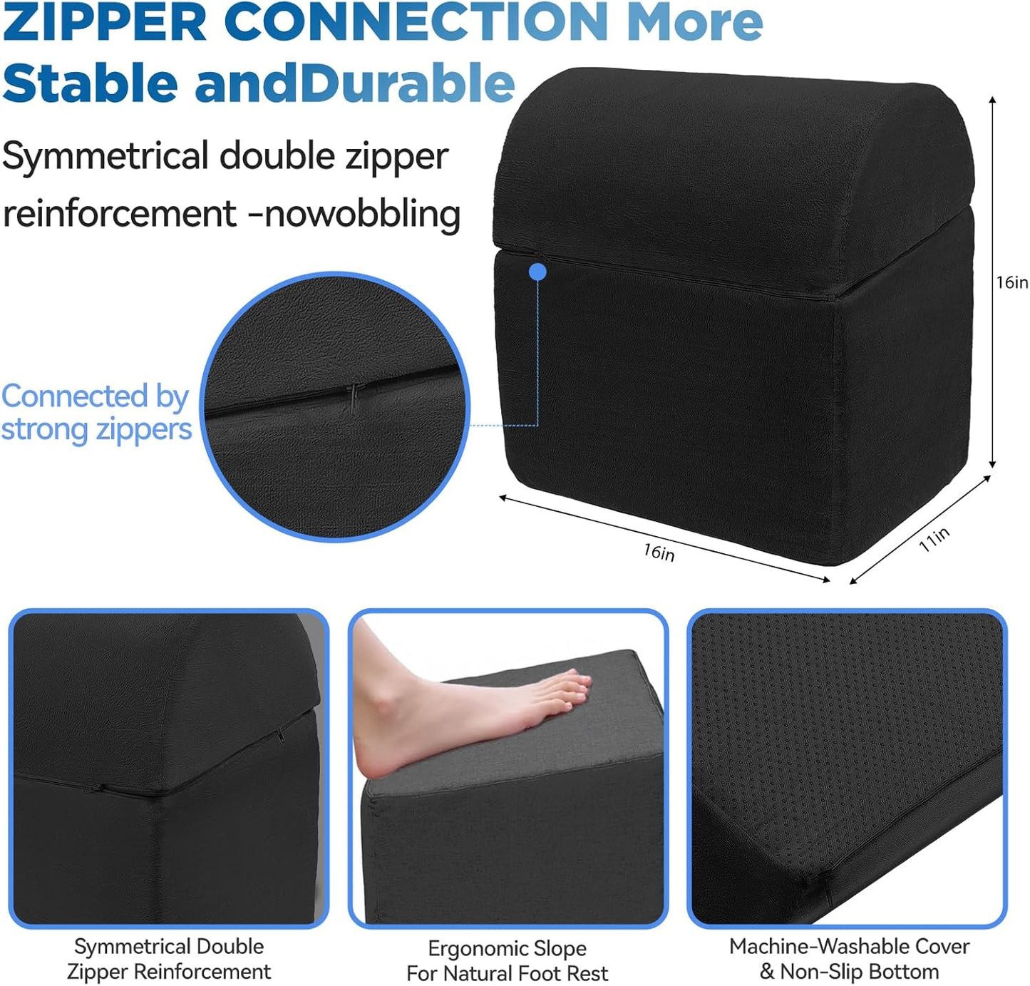 Adjustable Foot Rest for Under Desk at Work - 3-in-1 Ergonomic Foot Stool with Zipper Connection, Height Adjustable for Office, Home & Gaming (Black)