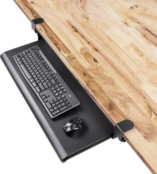 EHO Under Desk Keyboard Tray, Large 27.5" x 12.2" Slide-Out Clamp-On Drawer with Steel C-Clamps, Ergonomic Platform Fits Full-Size Keyboard and Mouse, Tool-Free Installation, TAA-Compliant