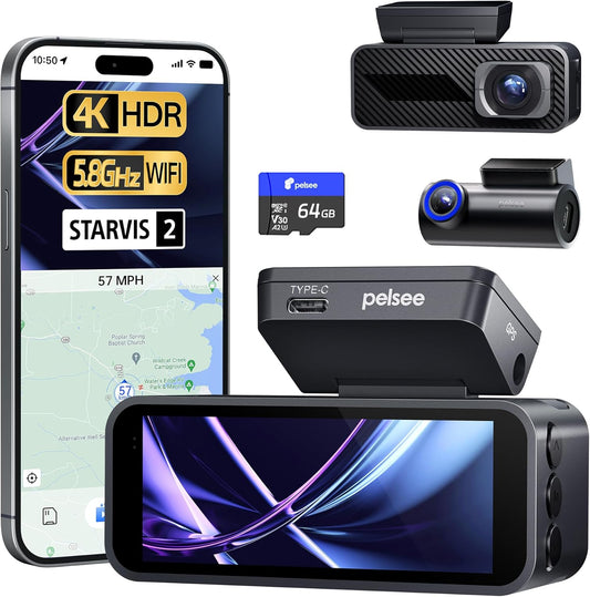 Pelsee P1 Pro Dash Cam Front and Rear, STARVIS 2 Sensor, 4K Dual Dash Camera for Cars with Full-Color Night Vision, HDR WDR, ADAS, GPS, WiFi & Voice Control, 24H Parking Mode, 3.39" Screen, 64GB Card