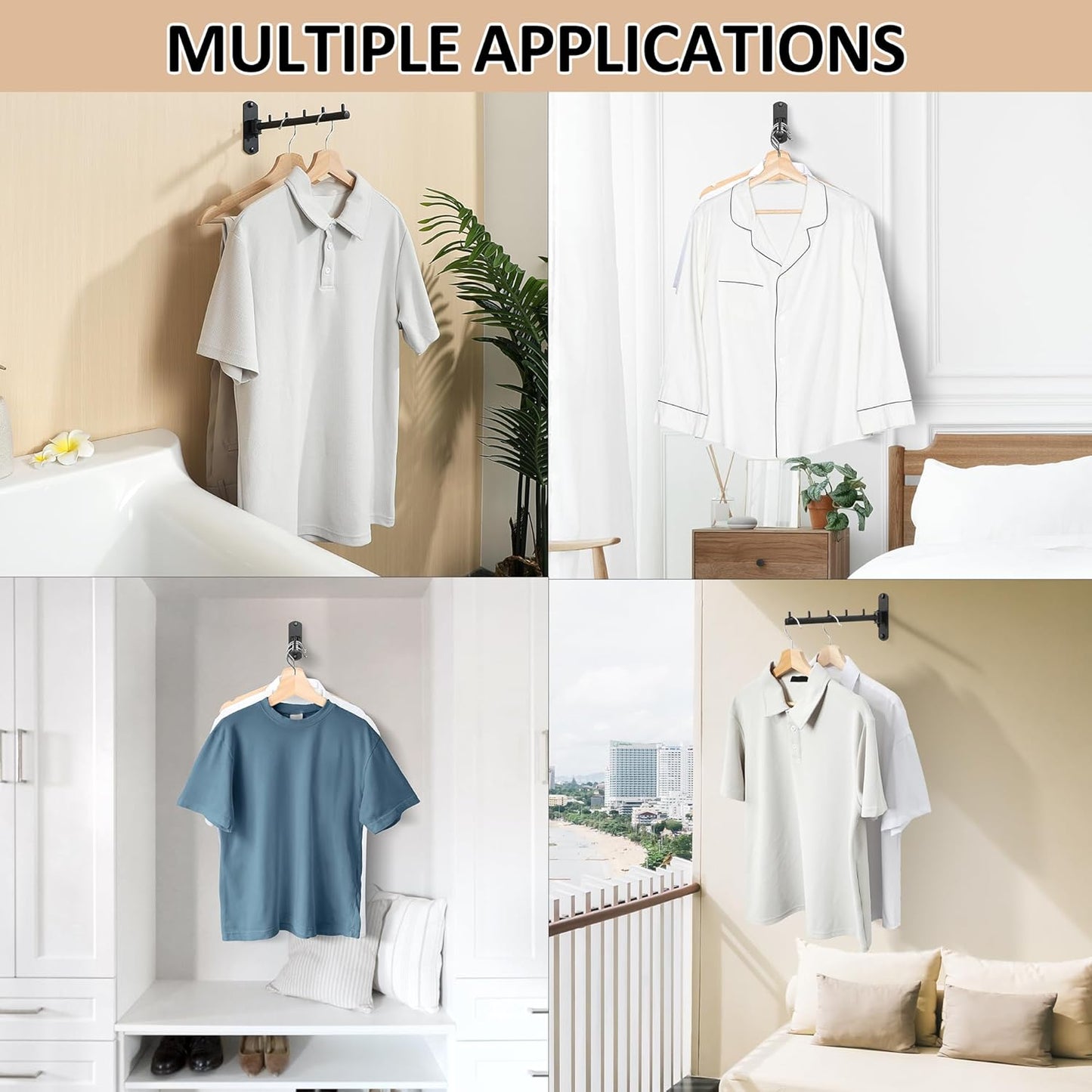 Swing Clothes Hanger Rack,2-Pack Garment Racks Wall Mounted Clothes Bar-Hanger Holder Hooks Heavy Duty Folding Drying Rack Space Saving Clothing Hanging System Closet Storage Organizer,Black