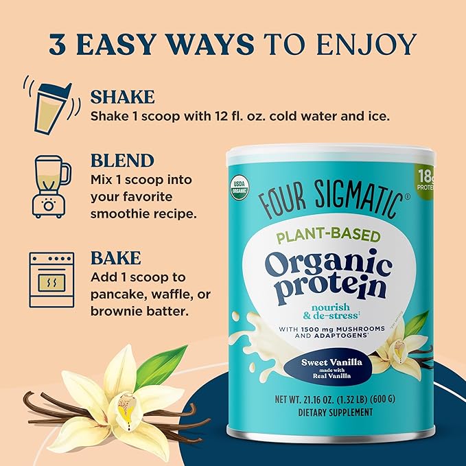 Four Sigmatic Organic Vegan Protein Powder | 18g Plant-Based Protein per Serving | Gluten Free, Dairy Free, Soy Free, Non-GMO with No Filler Ingredients | 21.16oz, 15 Servings | Sweet Vanilla