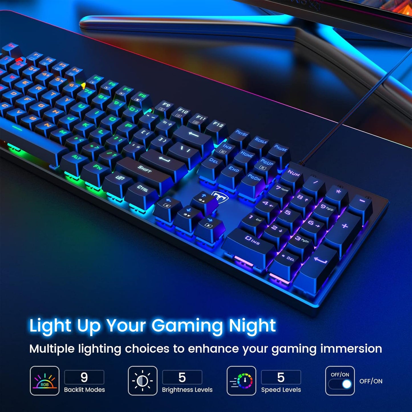 RisoPhy Mechanical Gaming Keyboard, RGB 104 Keys Ultra-Slim LED Backlit USB Wired Keyboard with Blue Switch, Durable Abs Keycaps/Anti-Ghosting/Spill-Resistant Computer Keyboard for PC Mac Xbox Gamer