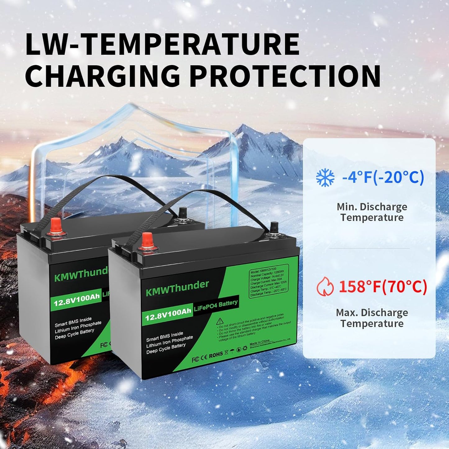 12V 100Ah LiFePO4 Lithium Battery, Built-in Smart BMS, Low Temperature Protection Group 24 Deep Cycle Battery for Trolling Motor, RV, Solar, Marine, Camping and Off Grid Applications 2 Pack