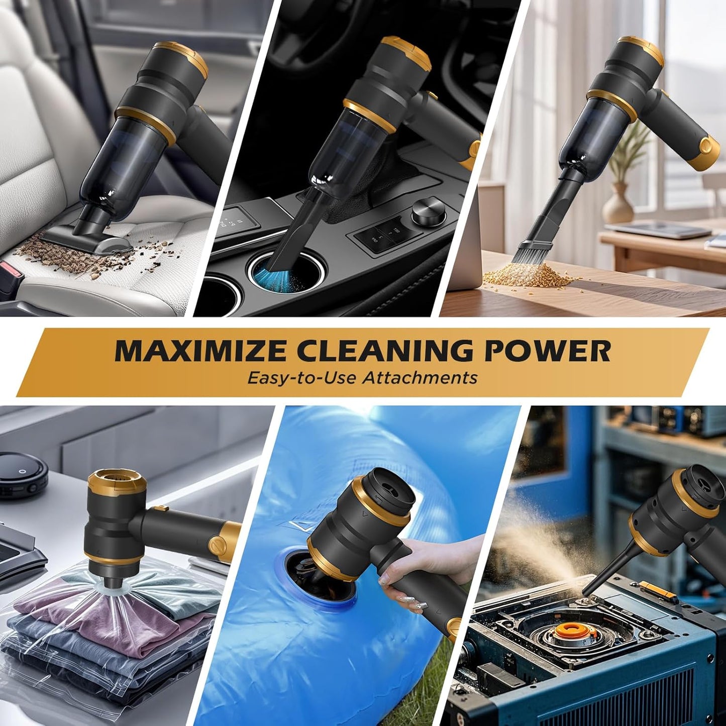 Handheld Car Vacuum with 15000PA Power, 4 in 1 Small Powerful Cordless Vacuum Cleaner & Air Duster with 2000mAh Battery, Rechargeable Portable Mini Hand Held Vacuum for Car, Home,Office,Pet Hair（Gold）