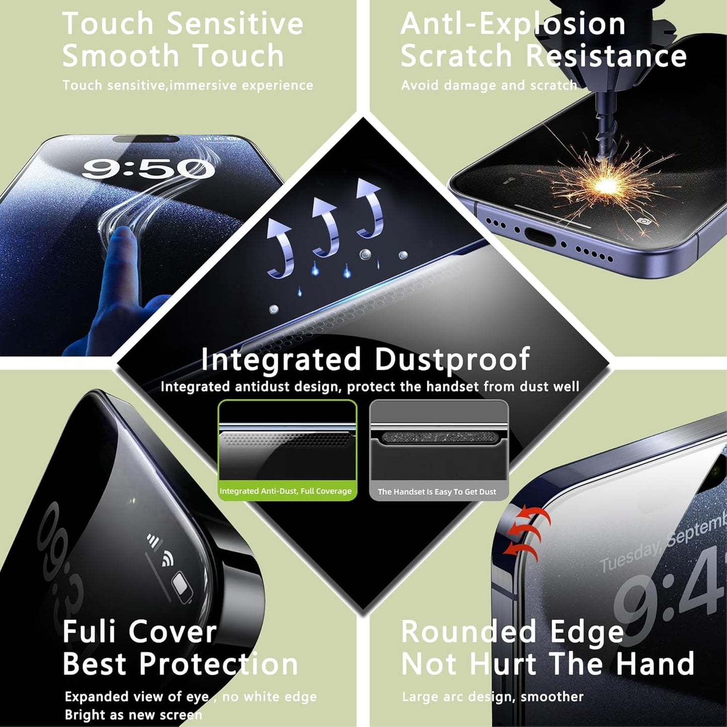 (2-Pack Anti Blue Light Matte Screen Protector for iPhone 15 Pro Max (6.7-Inch),9H Tempered Glass,Anti-Glare,Full Coverage,Anti-Fingerprint,Auto Dust Removal,Bubble-Free