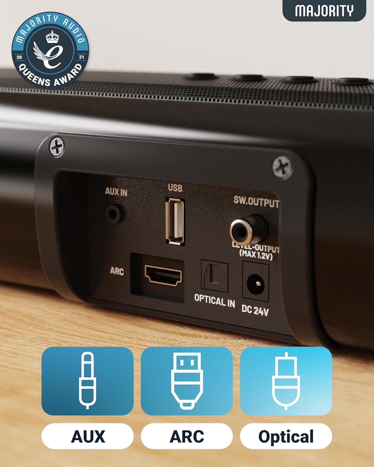 Majority Bluetooth 120W TV Sound Bar for Smart TV, 24 Inch, 2.1 Channel, 3D Sound with Built-in Subwoofer | EQ Control, HDMI Arc, Optical, AUX, Remote, and Wall Mountable Naga 60 Soundbar for TV