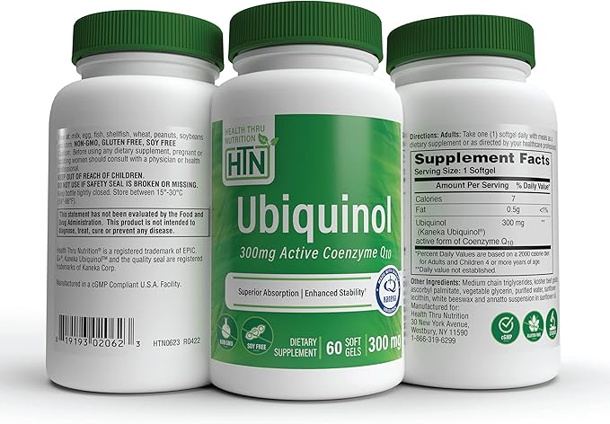 Health Thru Nutrition Ubiquinol 300mg 60 Softgels as Kaneka QH Reduced CoQ-10 | Stabilized - 3rd Party Tested | Enhanced Bioavailability | Cardiovascular & Mitochondria Function Support | Non-GMO