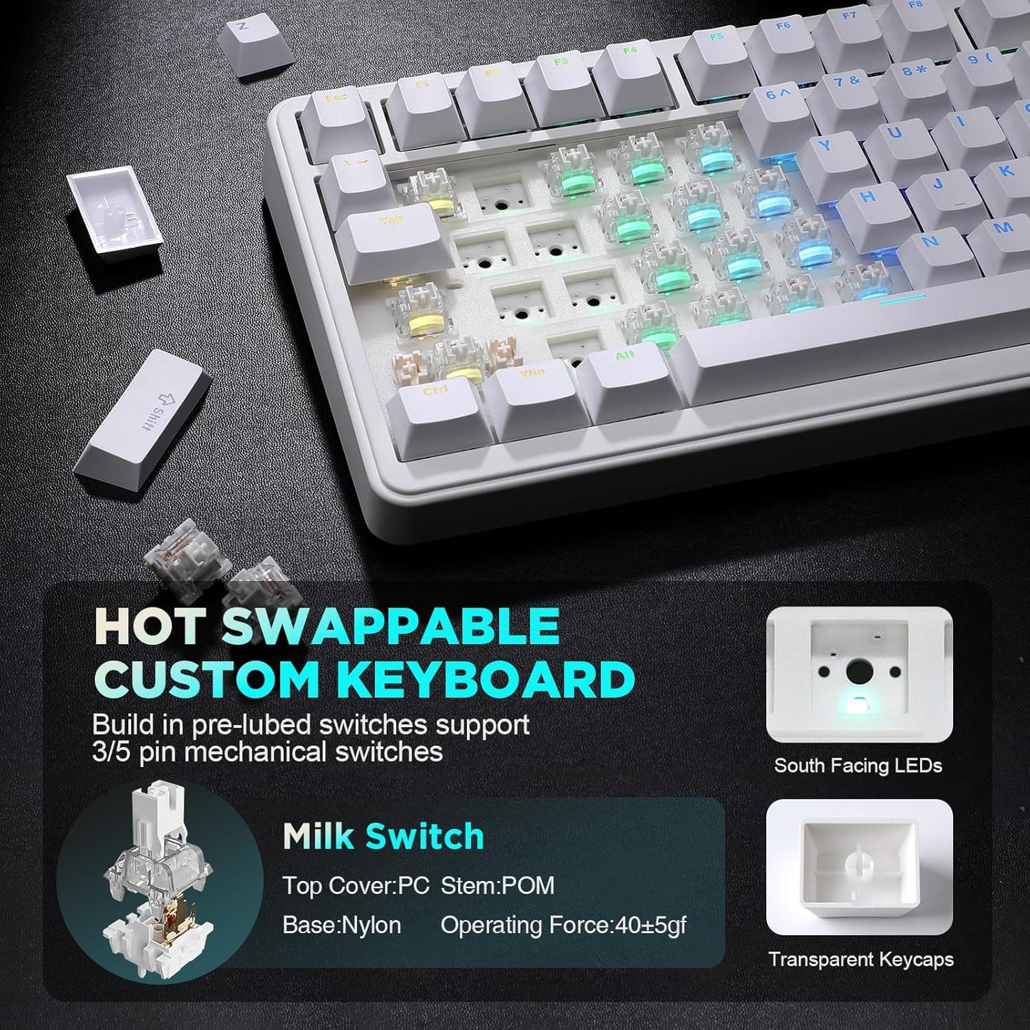 YUNZII B75 Mechanical Keyboard,75% Layout with Knob,Hot Swappable RGB Backlit Gasket Mounted, Creamy Typing, Double-Shot PBT Keycaps,Cherry Profile,for Win/Mac (White, Milk V2 Linear Switch)