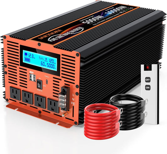 5000 Watt Pure Sine Wave Power Inverter 12V DC to 110V 120V Converter for Family RV Off Grid Solar System Car with Type-C Ports 4 AC Power Outlets Dual USB Ports LCD Display and Remote Control