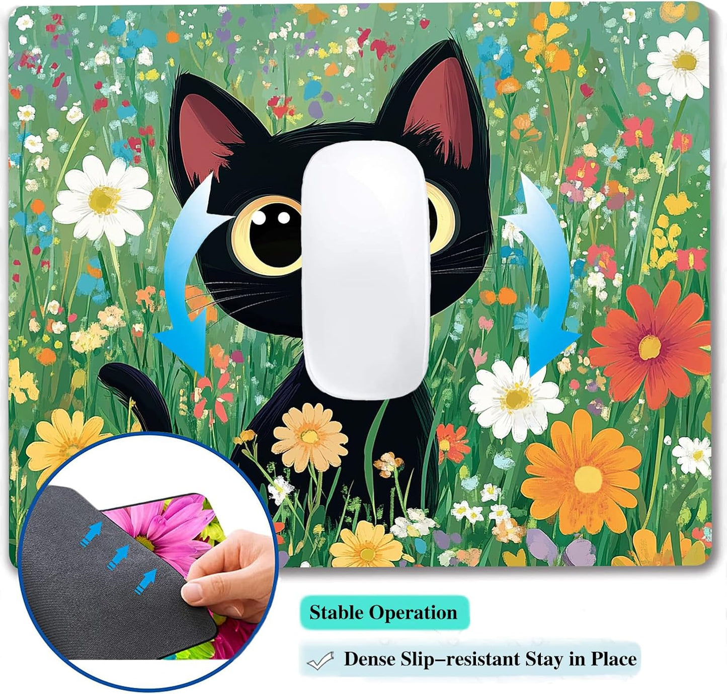Cute Black Cat Floral Custom Mouse Pad with Non-Slip Rubber, Small Square Design for Wireless Laptop & Computer Mouse Pads for Desk, 9.5 x 7.9 inch Smooth Surface for Gaming & Office
