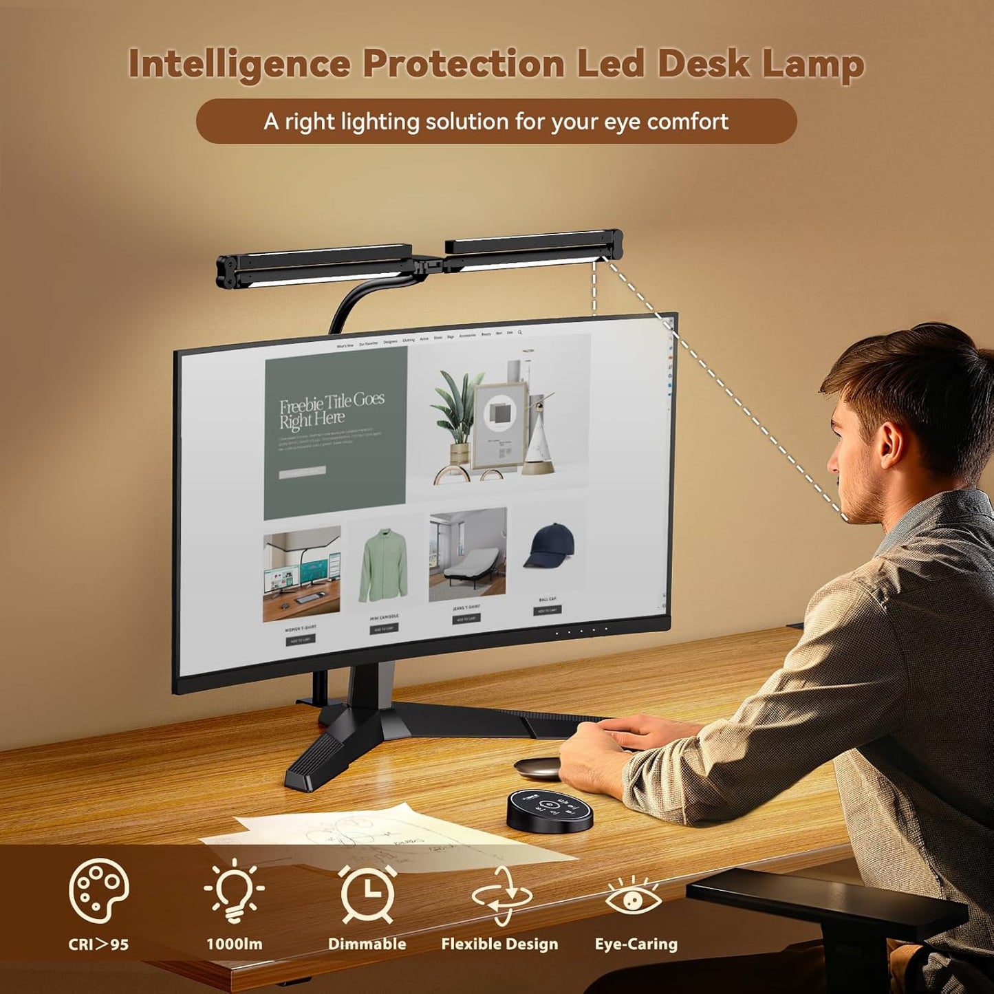 Led Desk Lamps for Home Office - Eye Caring Architect Lamp with Clamp, Double Head Computer Monitor Gooseneck Desk Light with Remote Control: 24W Flexible Dimmable Desktop Table Lamp