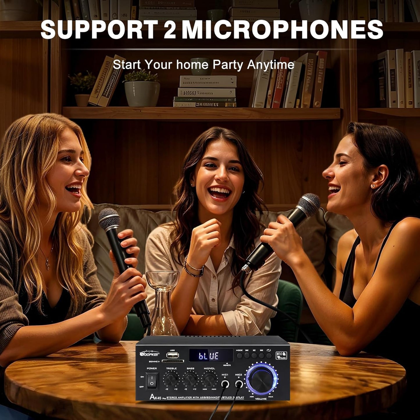 AK45Pro Stereo Receivers Amplifier Home Audio with Bluetooth 5.3, 400W,2.0 Channel Power Stereo Amplifier with USB,SD,RCA,FM,2MIC in for Home Theater Speakers,Home Amplifier with Remote Control