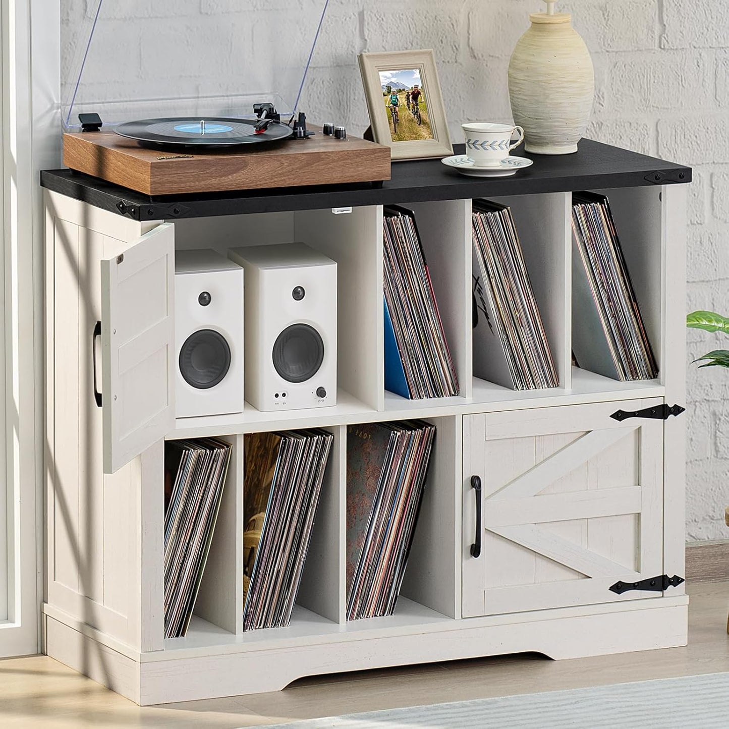 Large Record Player Stand with Vinyl Storage Up to 450 Albums, 39 Inch Farmhouse Rustic Wood White Storage Cabinet with Barn Doors, Vintage Mid-Century Turntable Stand for Bedroom, Living Room