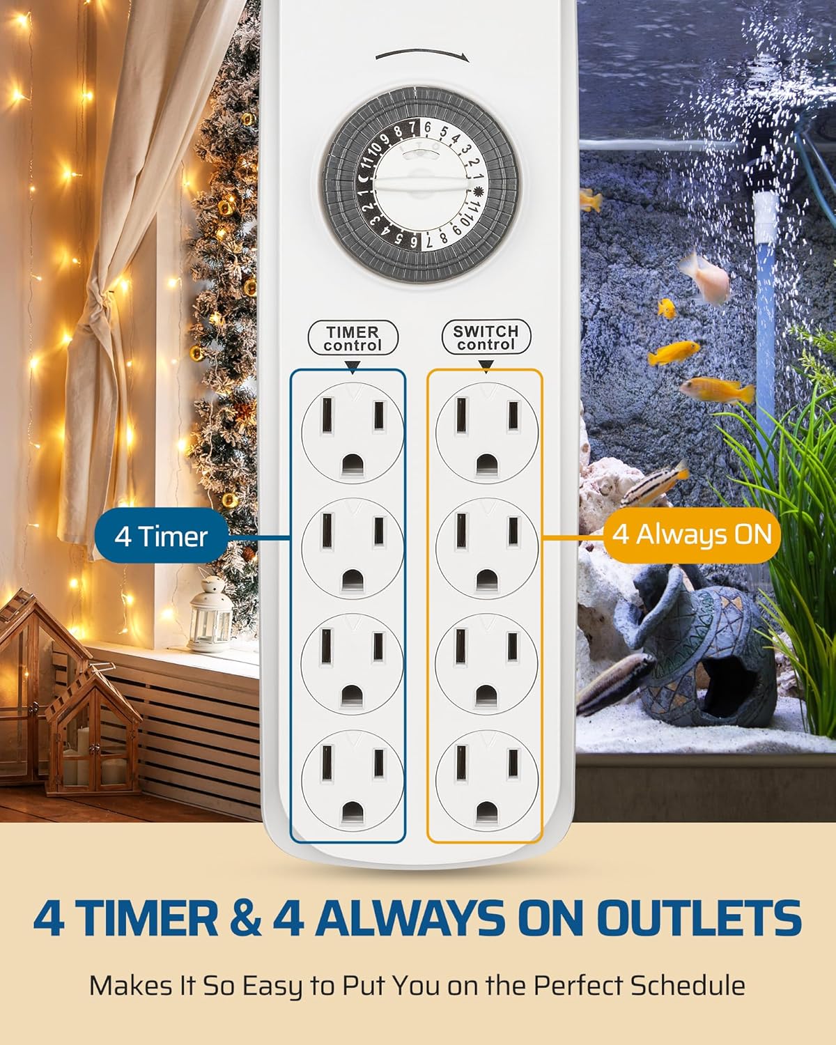 DEWENWILS Mechanical Timer Power Strip with 8 Outlets, Flat Plug, 6ft Long Cord, Overload Protection, Indoor Timer for, Bearded Dragon Tanks, Aquarium, Grow Lights, Plants, Reptile Light, UL Listed