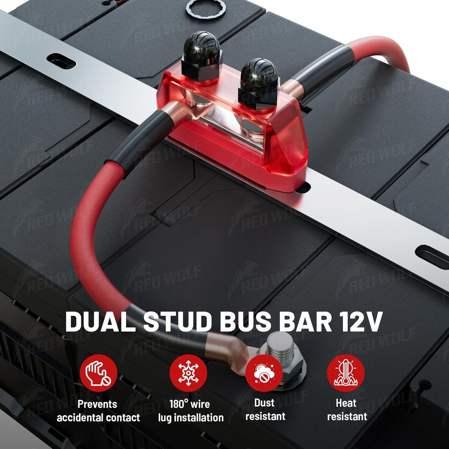 RED WOLF 2PCs 3/8" M10 Small Dual Stud Bus Bar 12-48 V Power Distribution Block Holder 150A DC MAX, Battery Terminal Junction Dual Power Stud Busbar for Car Marine Boat Red & Black Set w/Screws