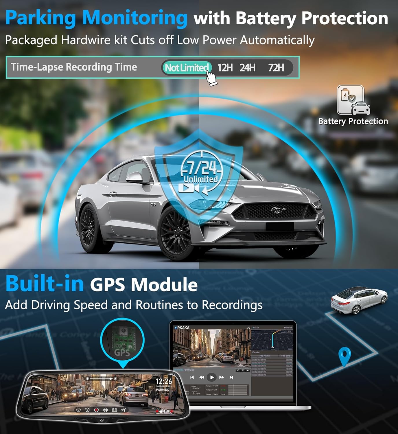 PORMIDO OEM 2K Rear View Mirror Camera,10" Mirror Dash Cam with Detached Front Backup Camera, Smart Full Touchscreen Rearview WDR Dashcam with Built-in GPS,64GB Card,Parking Monitor,Night Vision