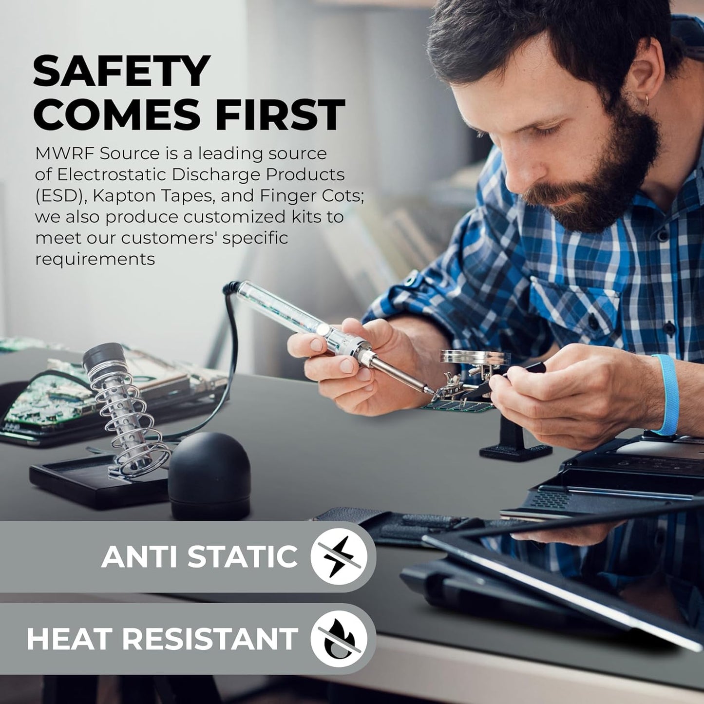 MWRF Source™ ESD Mat Kit with Wrist Strap and Grounding Cord (2.5 FT x 3 FT x 0.12 Inch, Grey)