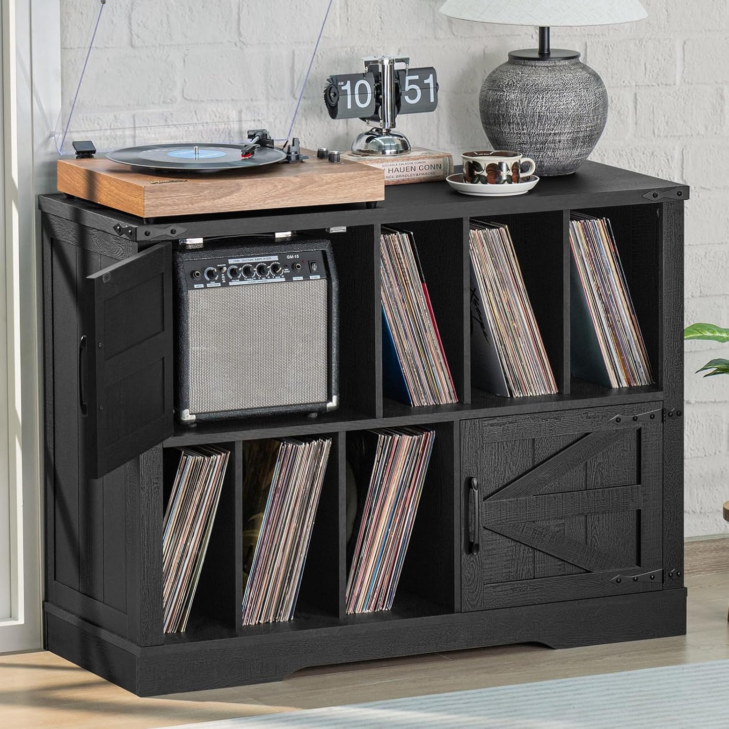 Large Record Player Stand with Vinyl Storage Up to 450 Albums, 39 Inch Farmhouse Wood Black Vinyl Records Storage Cabinet with Barn Doors, Mid-Century Modern Turntable Stand for Living Room
