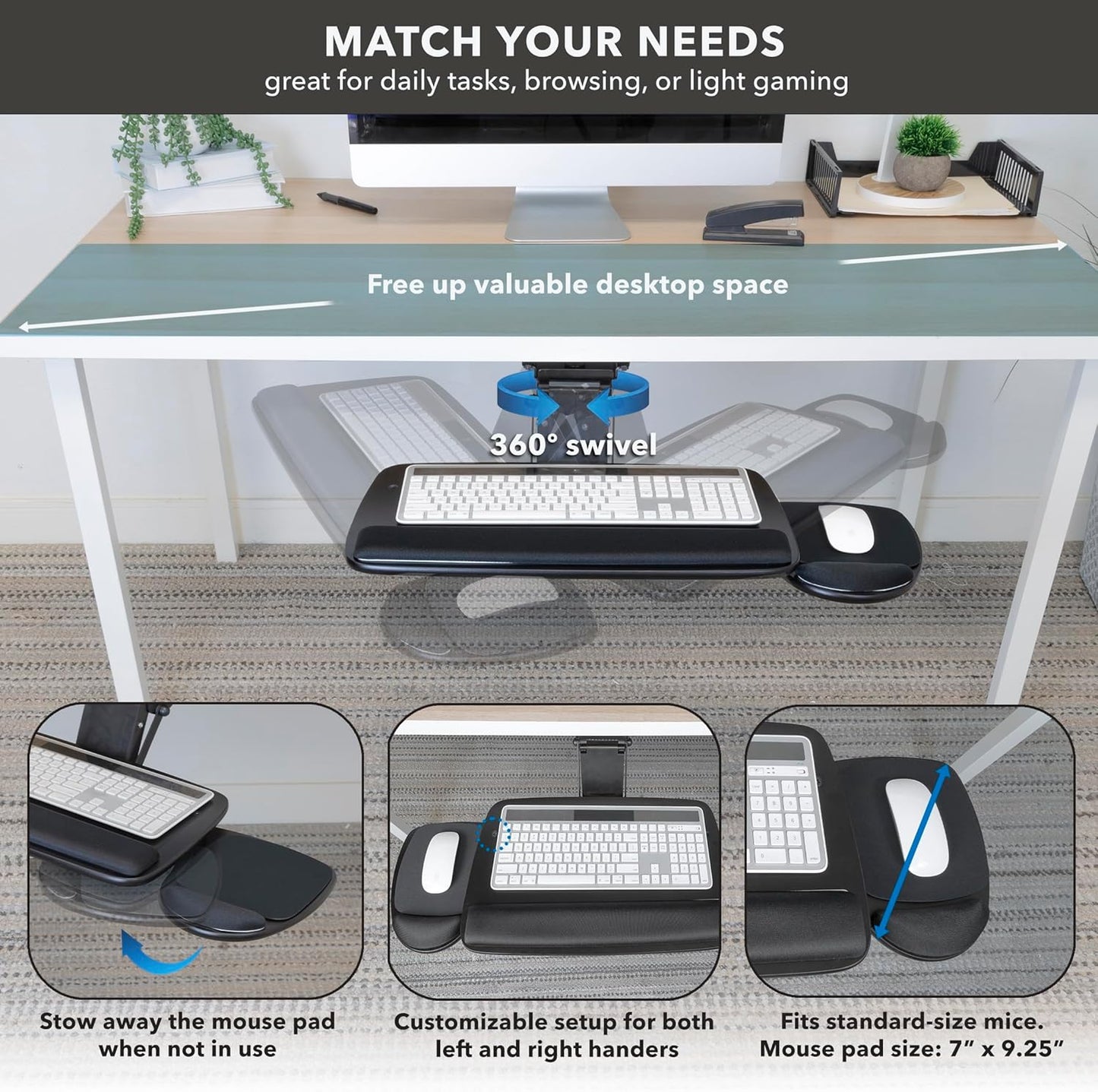 Mount-It! Full Motion Under Desk Keyboard Tray with Wrist Rest | Height and Tilt Adjustable Ergonomic Slide Out Keyboard Platform with Swivel, Mouse Pad for Left or Right Setup