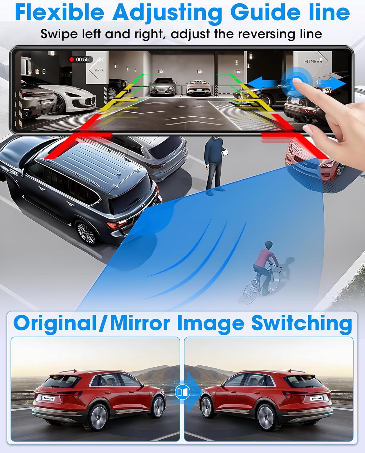 WiFi 4K Rear View Mirror Camera 12" Mirror Dash Cam Front and Rear w 64G TF Card WDR & HDR Night Vision Loop Recording 24H Parking Assistance Rear View Mirror Dash Cam 2160P