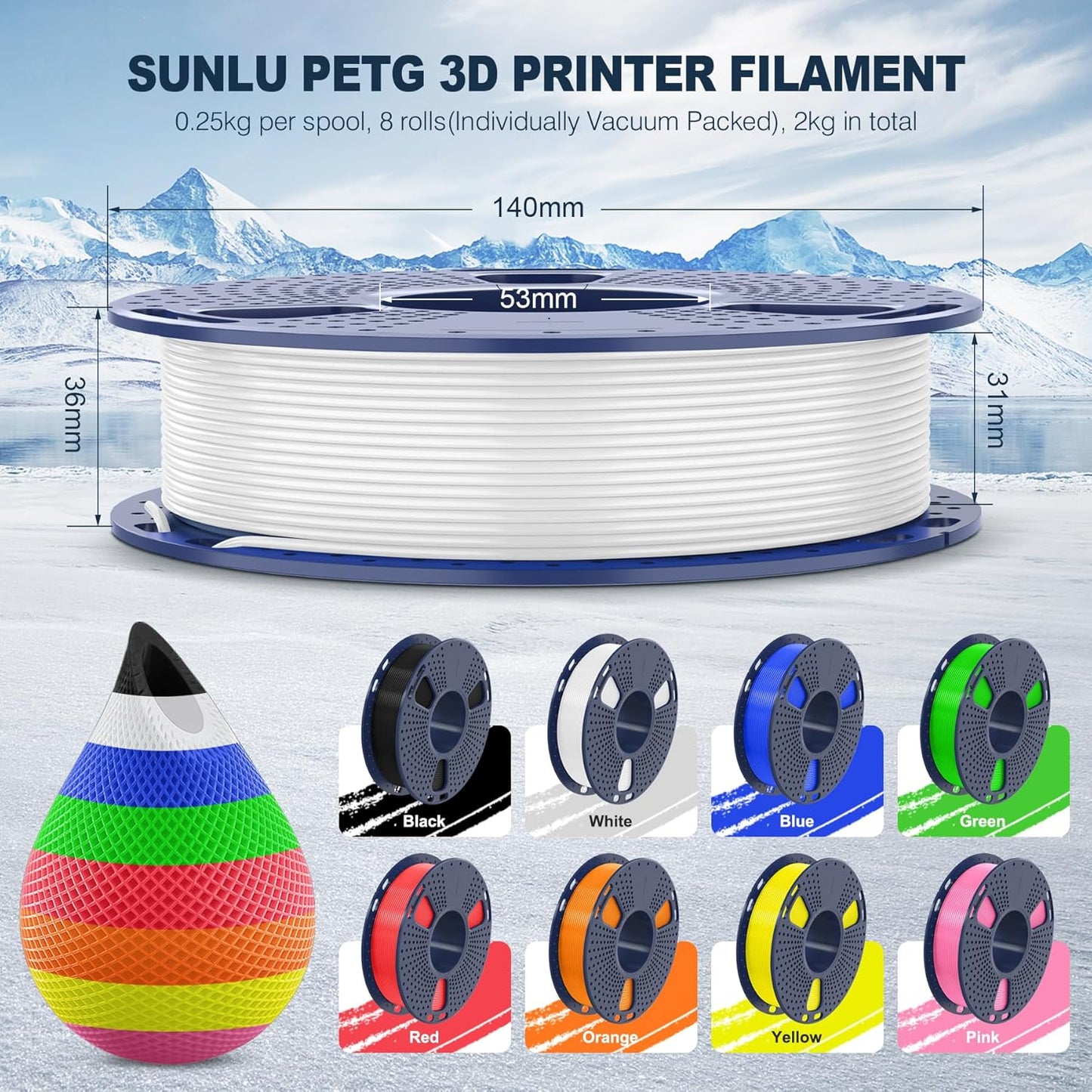 SUNLU 3D Printer Filament Bundle Multicolor PETG Filament 1.75mm, Individually Vacuum-Sealed, 2kg in Total, 0.25kg per Spool, 8 Pack, 8 Colors, Black+White+Red+Yellow+Pink+Blue+Orange+Green