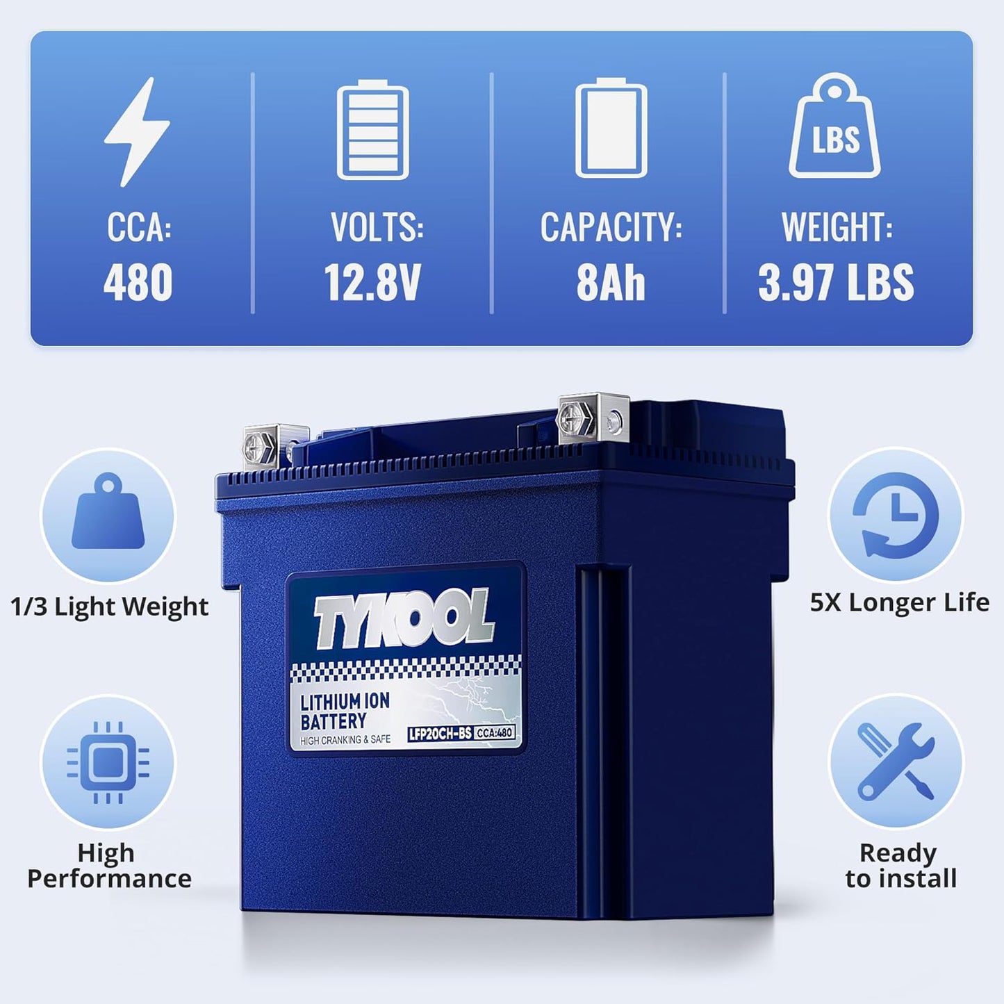TYKOOL YTX20CH-BS Lithium LiFePO4 Motorcycle Battery, 12V 8Ah, 480CCA, Built in BMS, Powersports Battery,for ATV,UTV,Jet Skis, Snowmobiles, Scooters
