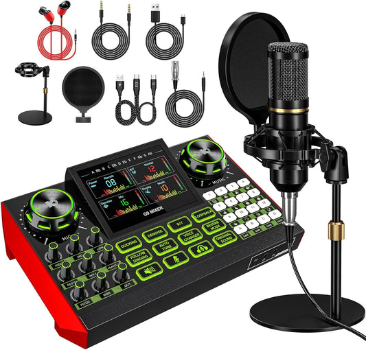 Podcast Equipment Bundle – Condenser Microphone with 3.5mm Audio Interface, Live Sound Card & Soundboard for PC, for Podcasting,Singing, Phone Streaming