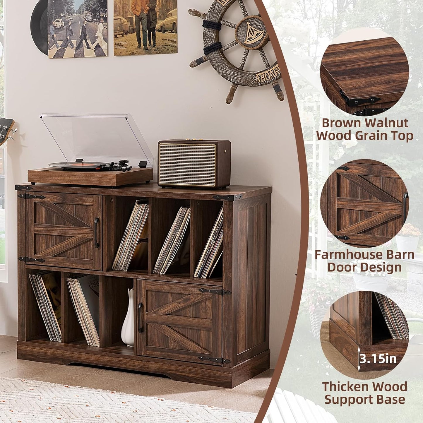 Large Record Player Stand with Vinyl Storage Up to 450 Albums, 39 Inch Farmhouse Brown Walnut Storage Cabinet with Barn Doors, Wood Vintage Mid-Century Turntable Stand for Bedroom, Living Room