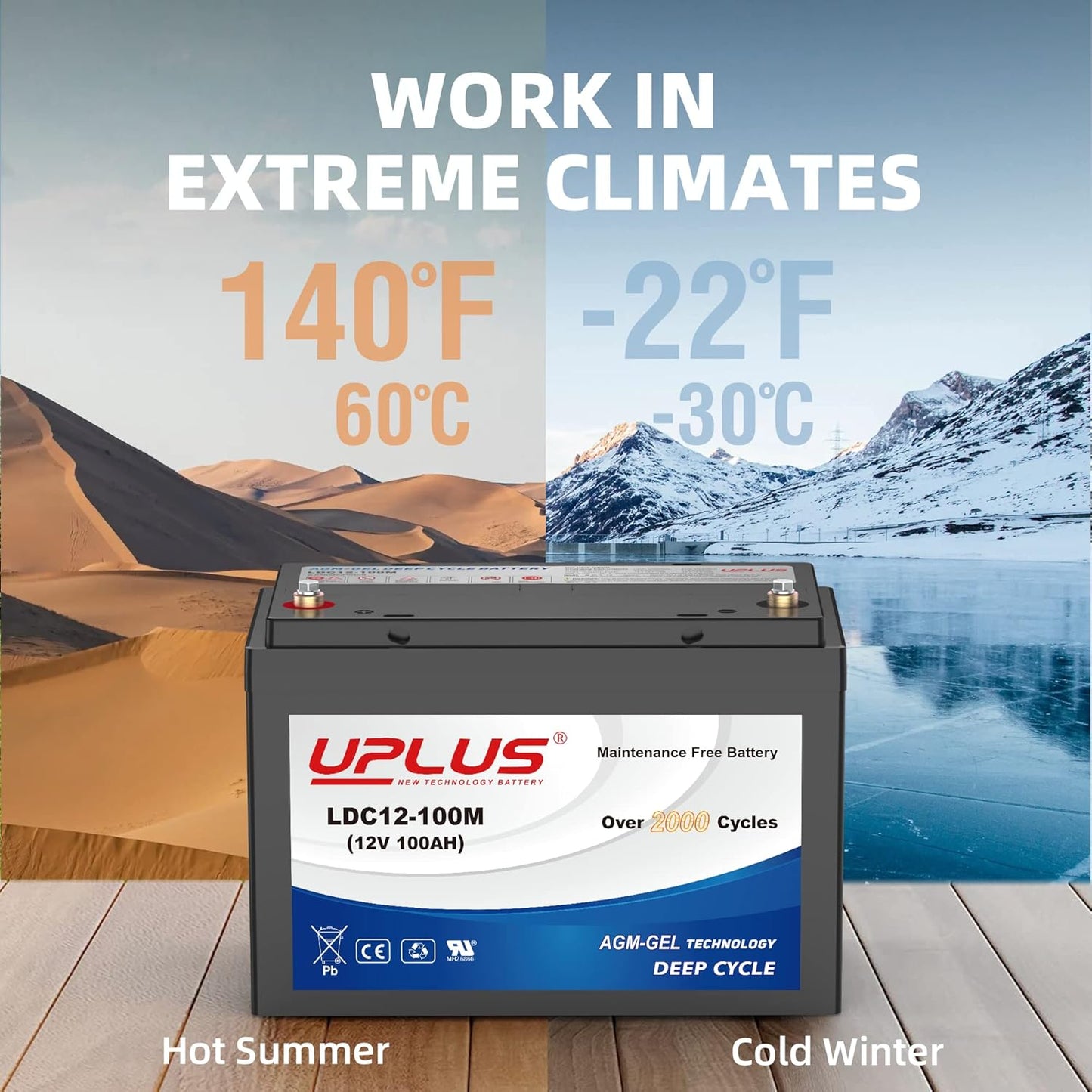 UPLUS 12V 100Ah Deep Cycle Battery, LDC12-100M Maintenance Free BCI Group 27 Size Rechargeable AGM Gel Batteries for Solar, RV, Golf Cart, Mobility, Camping, Backup, Trolling Motor