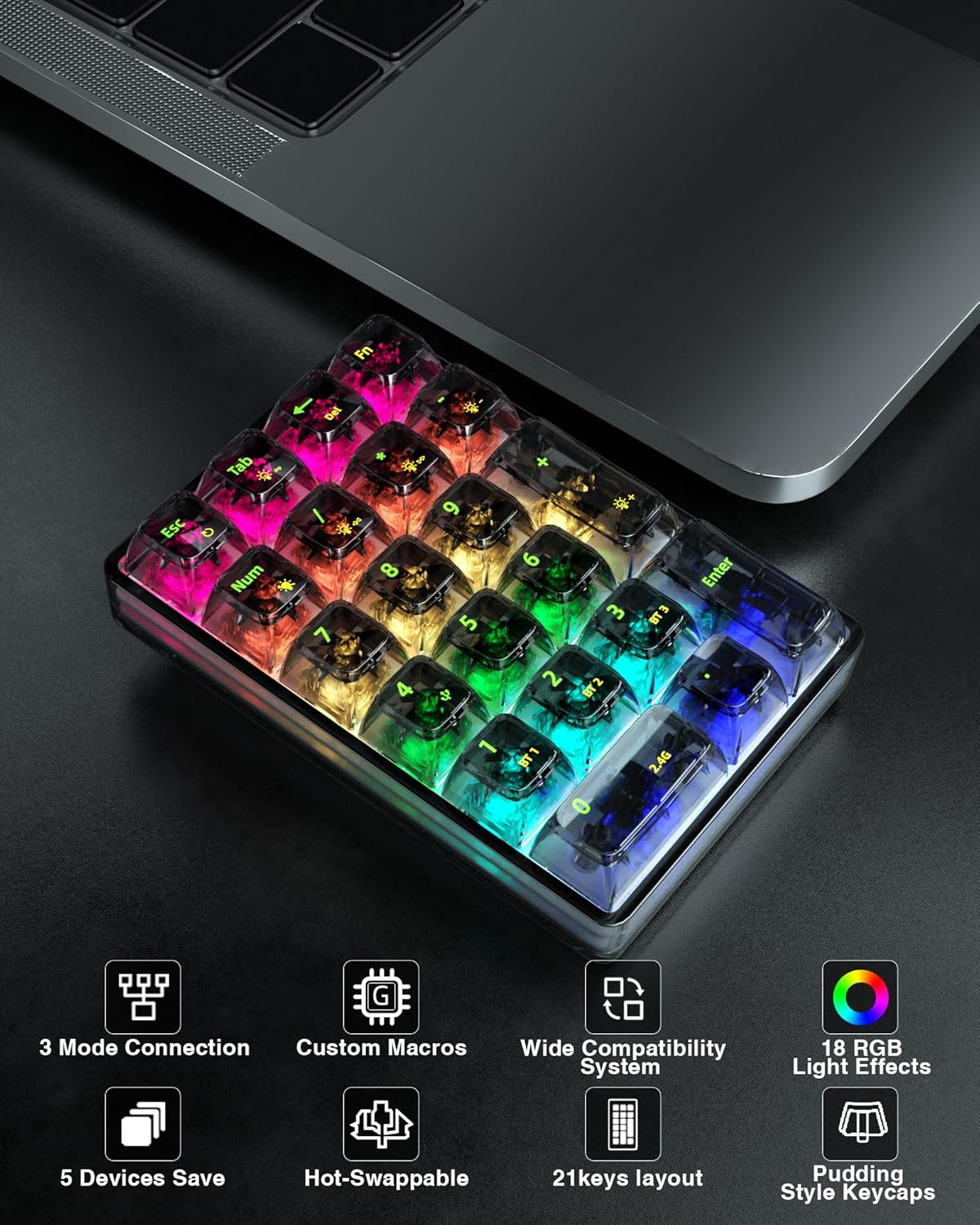 SOLAKAKA K21 RGB Backlit Tri-Mode Transparent Wireless Mechanical Number Pad Supports 3 BT/2.4GHz/Type C Wired,Hot Swappable 21 Keys Mechanical Numpad with Transparent Keycaps Black