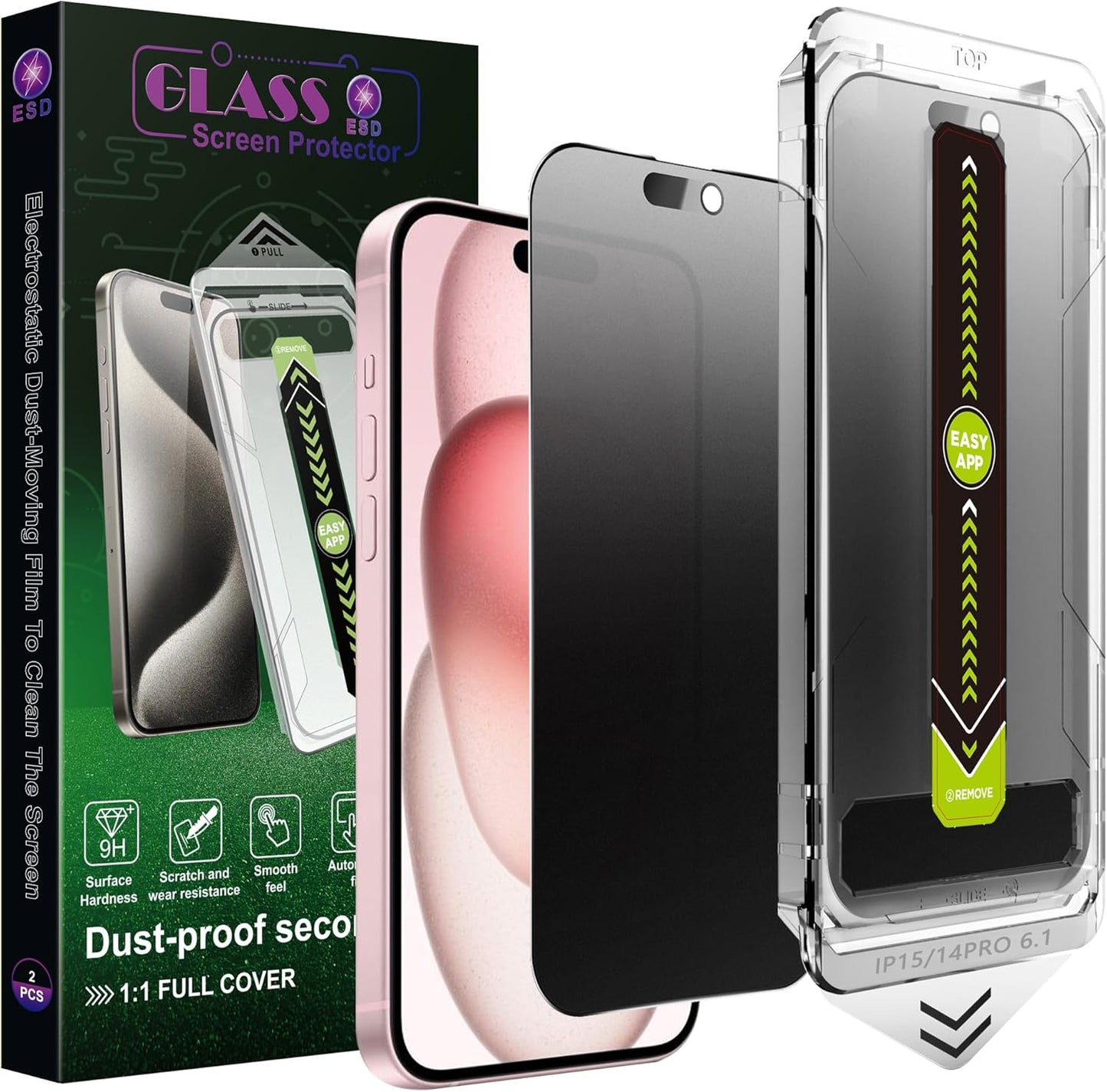 (2-Pack Matte Privacy Anti-Spy Screen Protector for iPhone 14 Pro/15/16 (6.1-Inch),9H Tempered Glass,Anti-Glare,Full Coverage,Anti-Fingerprint,Auto Dust Removal,Bubble-Free