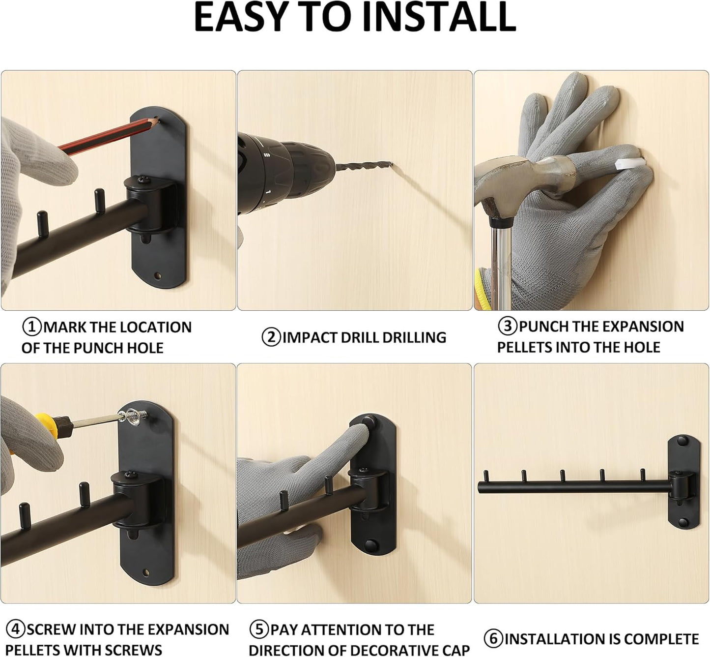 Swing Clothes Hanger, Wall Mounted Garment Bar-Hanger Holder Hooks, Heavy Duty Folding Drying Rack, Space Saving Clothing Hanging System, Closet Storage Organizer, Black