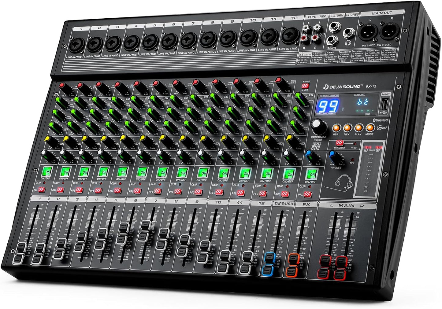 12-Channel Professional Audio Mixer, FX-12usb Mixing Console with XLR Inputs, Bluetooth, 99 DSP Effects, MP3, USB Interface for Podcast, Music, Recording, PC 13.39"x3.54"x18.90"inches