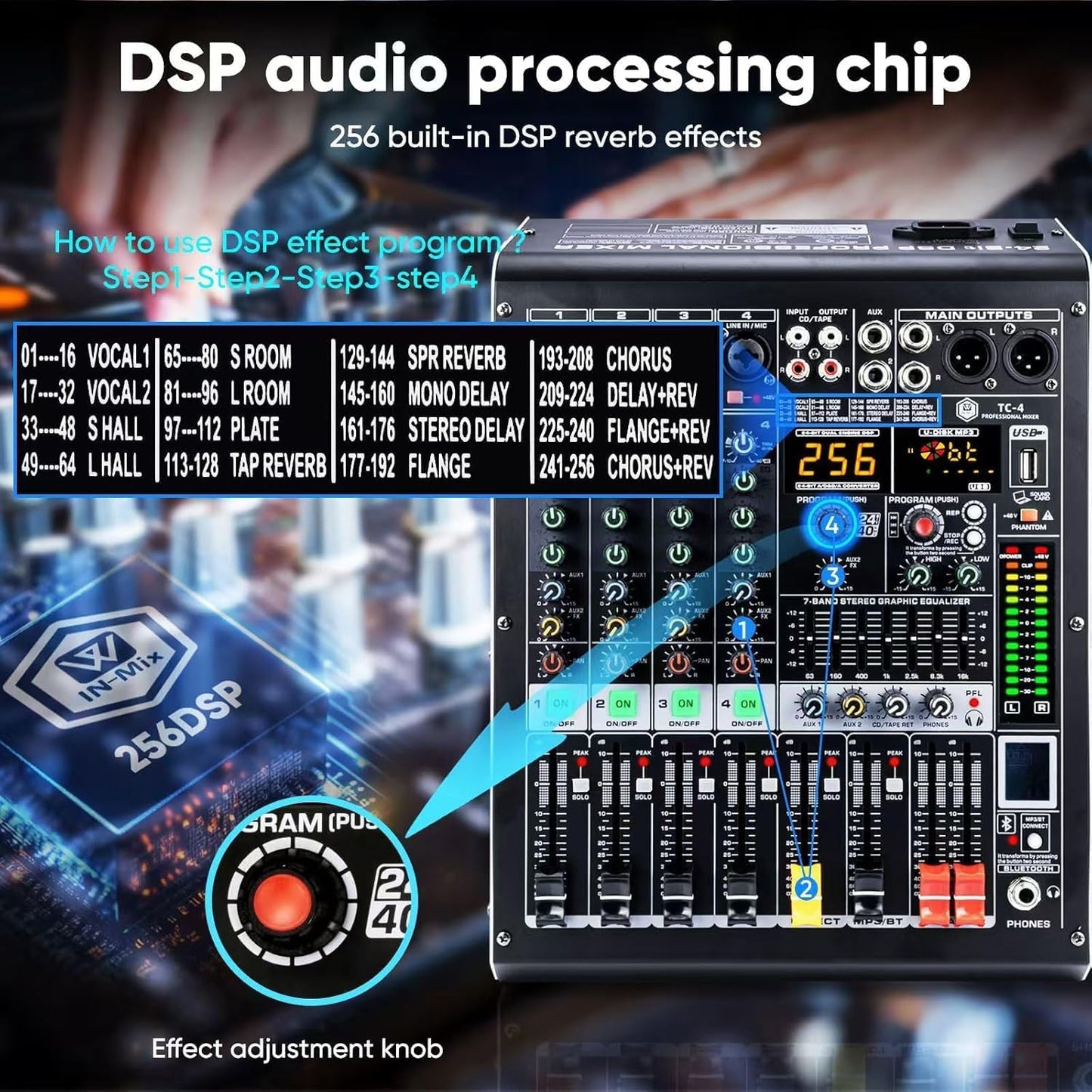 W IN-MIX 4 Channel Professional Audio Mixer with MP3 Player and Bluetooth U disk 48V Phantom Power Source USB recording for Studio Recording, Live Performances