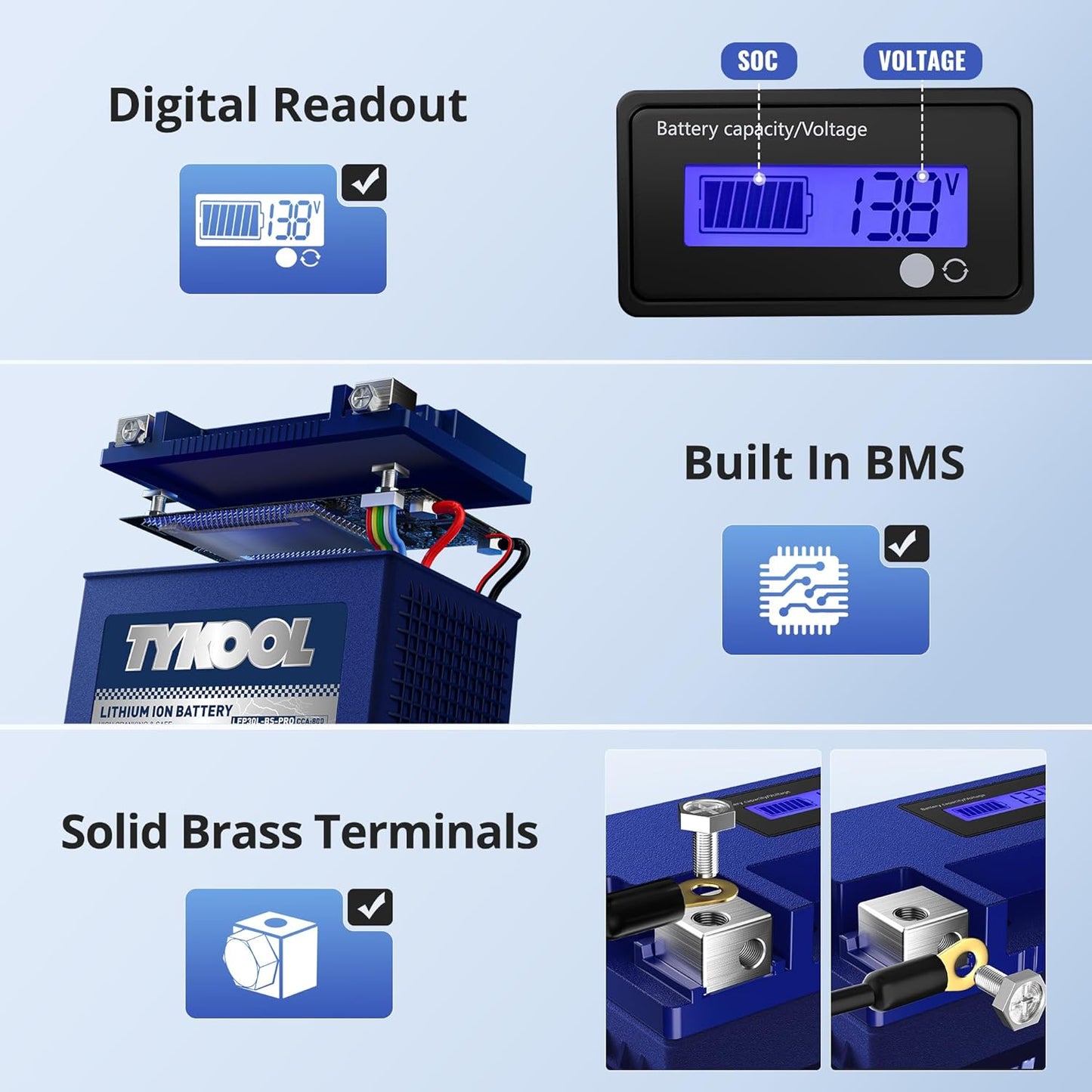 TYKOOL YIX30L/YTX30L-BS High Performance LiFePO4 Lithium Motorcycle Battery,800CCA,12V 18Ah,Digital Readout, Powersports Battery,Compitable for Harley Davidson,ATV,UTV,Snowmobile,Riding Lawn Mower